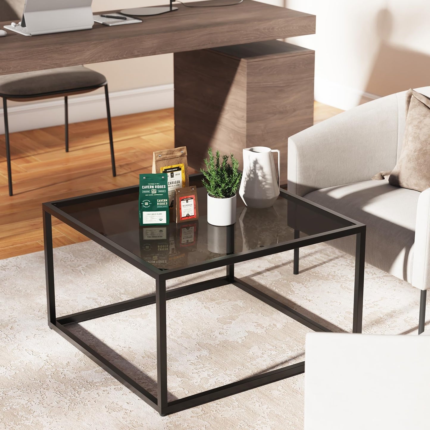 YMYNY Glass Coffee Table, Tempered Glass Square Coffee Tables with Metal Frame, Unique Modern Table for Living Room Home Office 26.77" x 26.77" x 15.75", Black, UHCT001B
