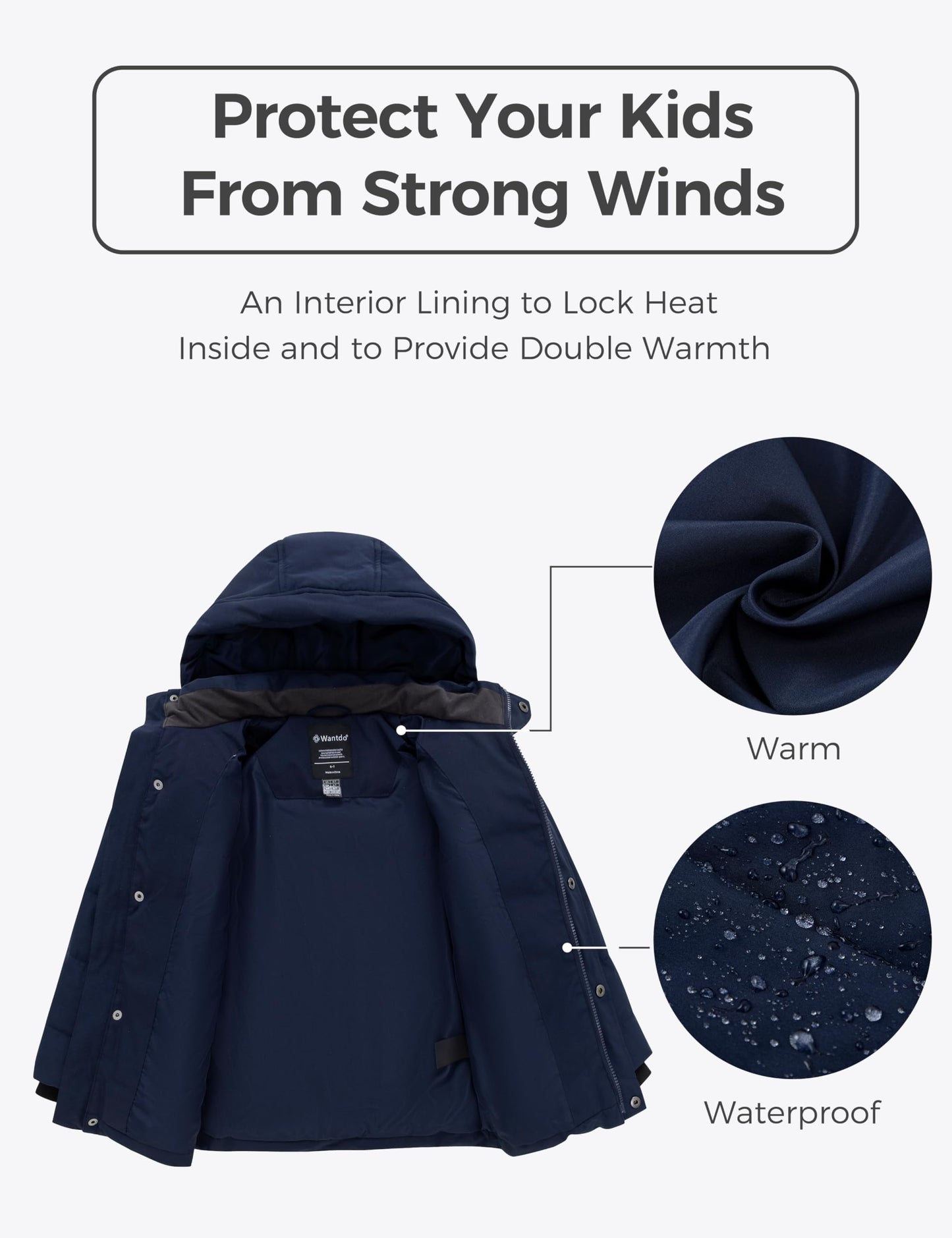 wantdo Boys' Warm Winter Coat Waterproof Puffer Jacket with Hood Navy 10-12