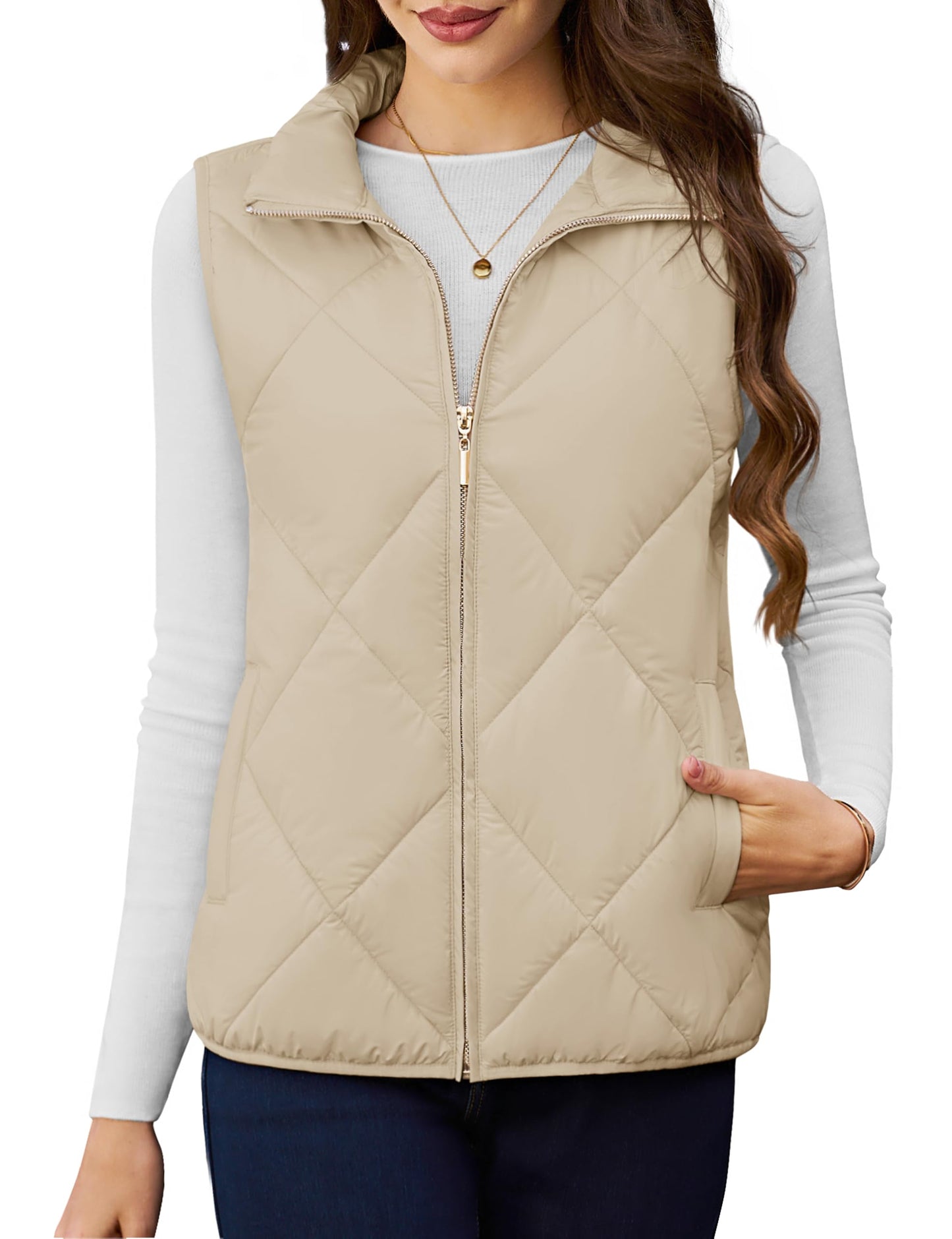 YUCOLEN Womens Quilted Vest Zip Up Puffer Vests Lightweight Sleeveless Winter Warm Stand Collar 4 Pockets Puffy Jackets Padded Gilet Winter Outerwear champagne XL