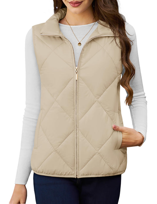YUCOLEN Womens Quilted Vest Zip Up Puffer Vests Lightweight Sleeveless Winter Warm Stand Collar 4 Pockets Puffy Jackets Padded Gilet Winter Outerwear champagne XL
