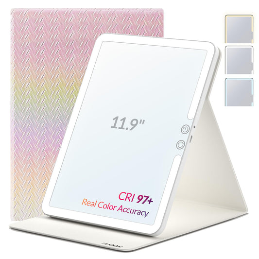 Travel Makeup Mirror with Lights, Portable Lighted Vanity Mirror with 100 LED, Rechargeable, Foldable for Tabletop, 11.9 inches, Rainbow