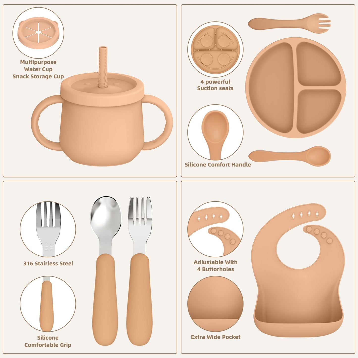 27 Pack Silicone Baby Feeding Set, Hepotk BPA-Free Food Grade Baby Feeding Essentials Utensils, Second Stage Baby Food Eating Utensils, Set of 3 babies(Brown, Beige, Grey)