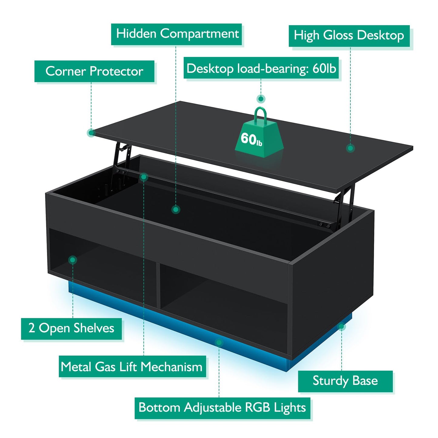 HOMMPA 40" Modern LED Coffee Table with Storage for Living Room, Lift Top Coffee Table with 2 Shelves, High Glossy Wooden Dining Table, Multifunctional Furniture for Bedroom Home Office, Black