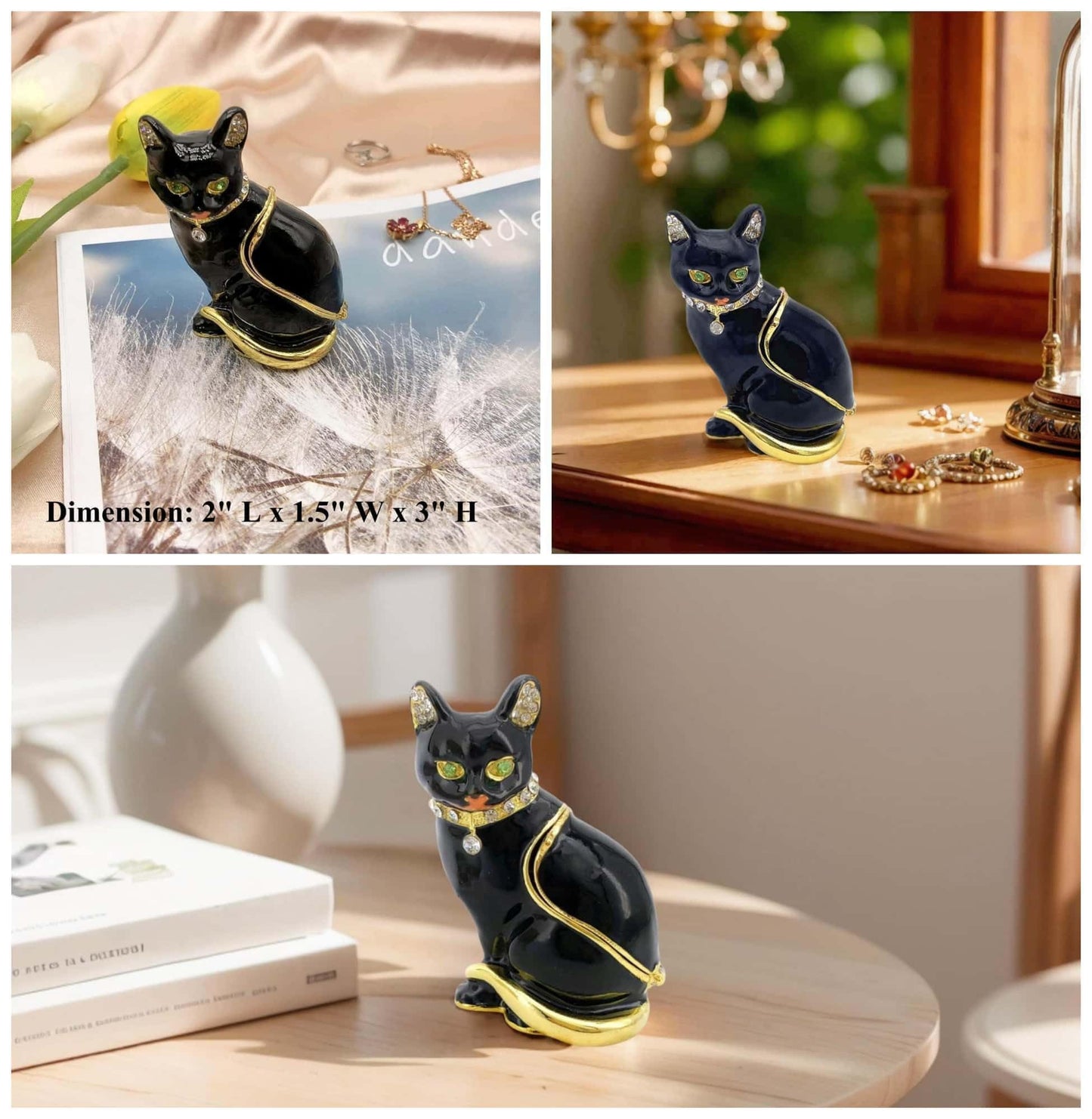 JWT Astyle Luxury Black Cat Hinged Jewelry Box with Crystals.Hand Painted Cat Figurine Trinket Box .Classic Animal Designs.Rings Earrings Necklace Storage Box, Cat Home Decor Gift