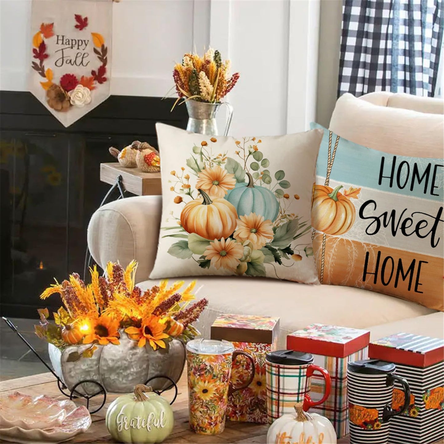 NIGHTWISH Fall Pillow Covers 18x18 Set of 4 Thanksgiving Farmhouse Decorations Floral Pumpkin Outdoor Fall Decor Throw Pillow Covers Home Sweet Home Harvest Autumn Cushion Case for Sofa Couch