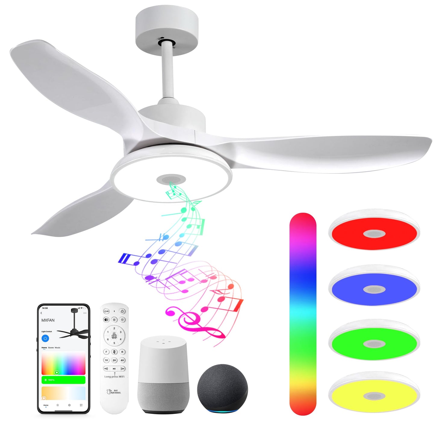 Smart Wifi Flush Mount Ceiling Fan With Lights,Bluetooth Ceiling Fan with Speaker and Remote/APP/Alexa Control,Dimmable RGB Light,Low Profile 6 Speeds Reversible Blades for Bedroom Kitchen Living room