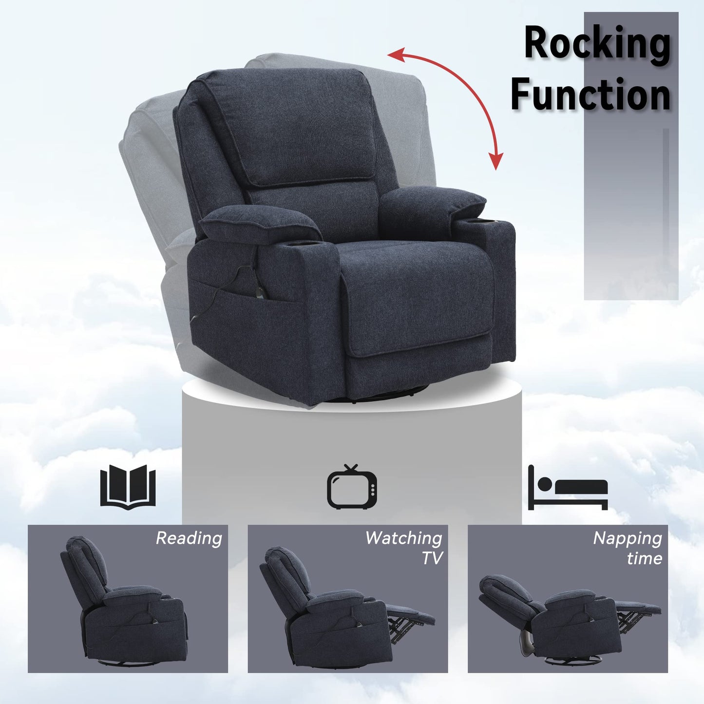 LOUVIXA Swivel Glider Recliner Chair for Adults,Manual Recliner with Massage and Heat, Linen Cotton Fabric Ergonomic Lounge Chair with Cup Holder for Living Room, Bedroom, Nursery (Navy Blue)