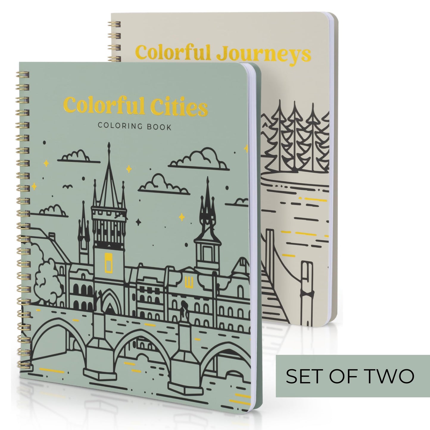 Beautiful Adult Coloring Book Set of 2 for Relaxation - Inspirational Adventures and Landmarks Scenery For the Spirit of Wanderlust - Perfect Stress-Relieving Gift for Women
