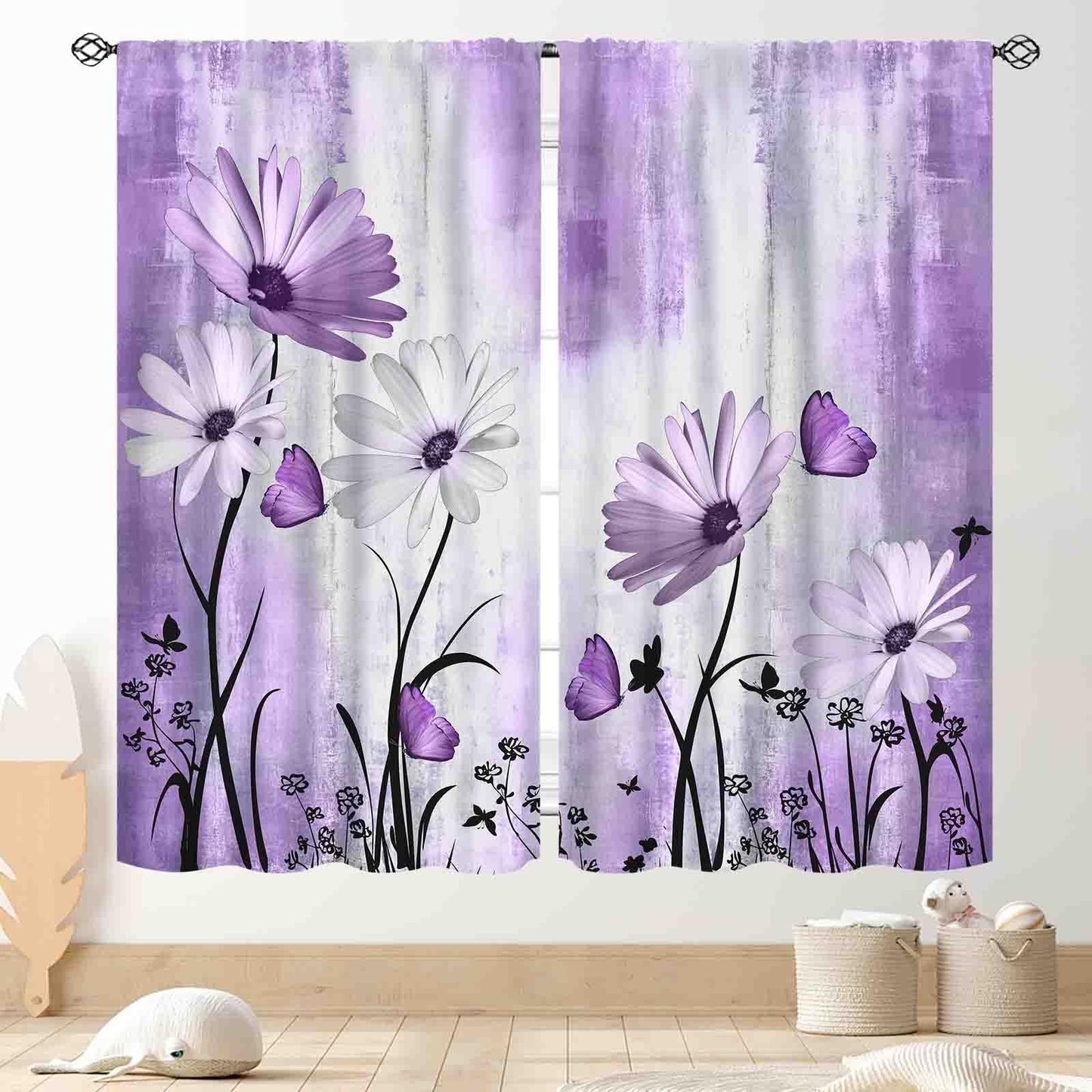 TKUYO Purple White Daisy Curtains, Farmhouse Modern Flower Retro Floral Spring Butterfly Rural Country Style Seasonal Window Drapery for Living Room Bedroom Kitchen Bathroom 2 Panels, 42"x54" Inch