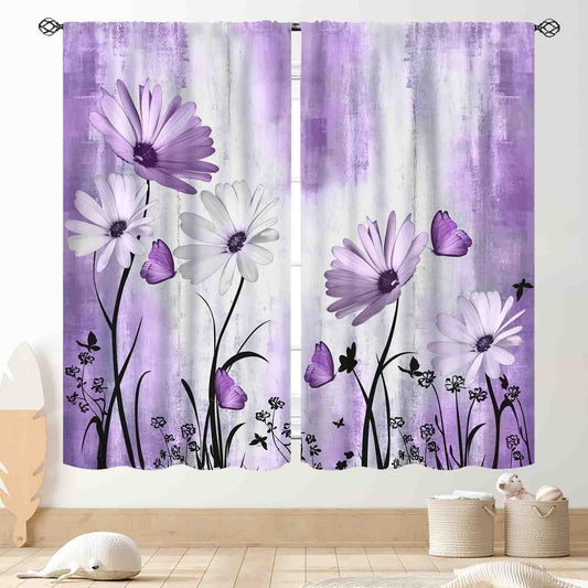 TKUYO Purple White Daisy Curtains, Farmhouse Modern Flower Retro Floral Spring Butterfly Rural Country Style Seasonal Window Drapery for Living Room Bedroom Kitchen Bathroom 2 Panels, 42"x54" Inch
