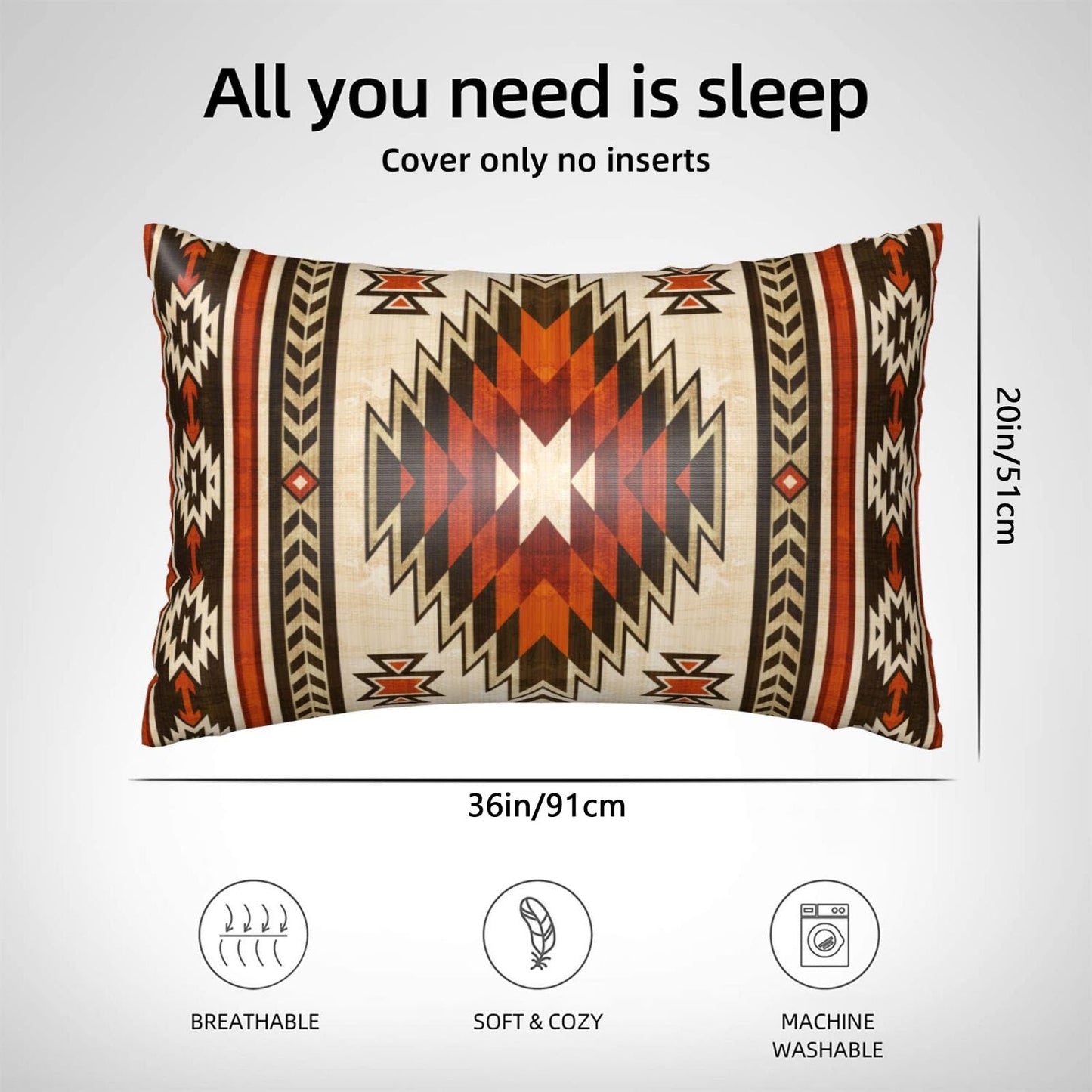 Imitation Silk Pillow Case for Hair and Skin Western Native American King Size 1 Pack Satin Pillow Cases with Zipper Super Soft Pillow Cover for Women Bed Sleeping, 20x36 Inches