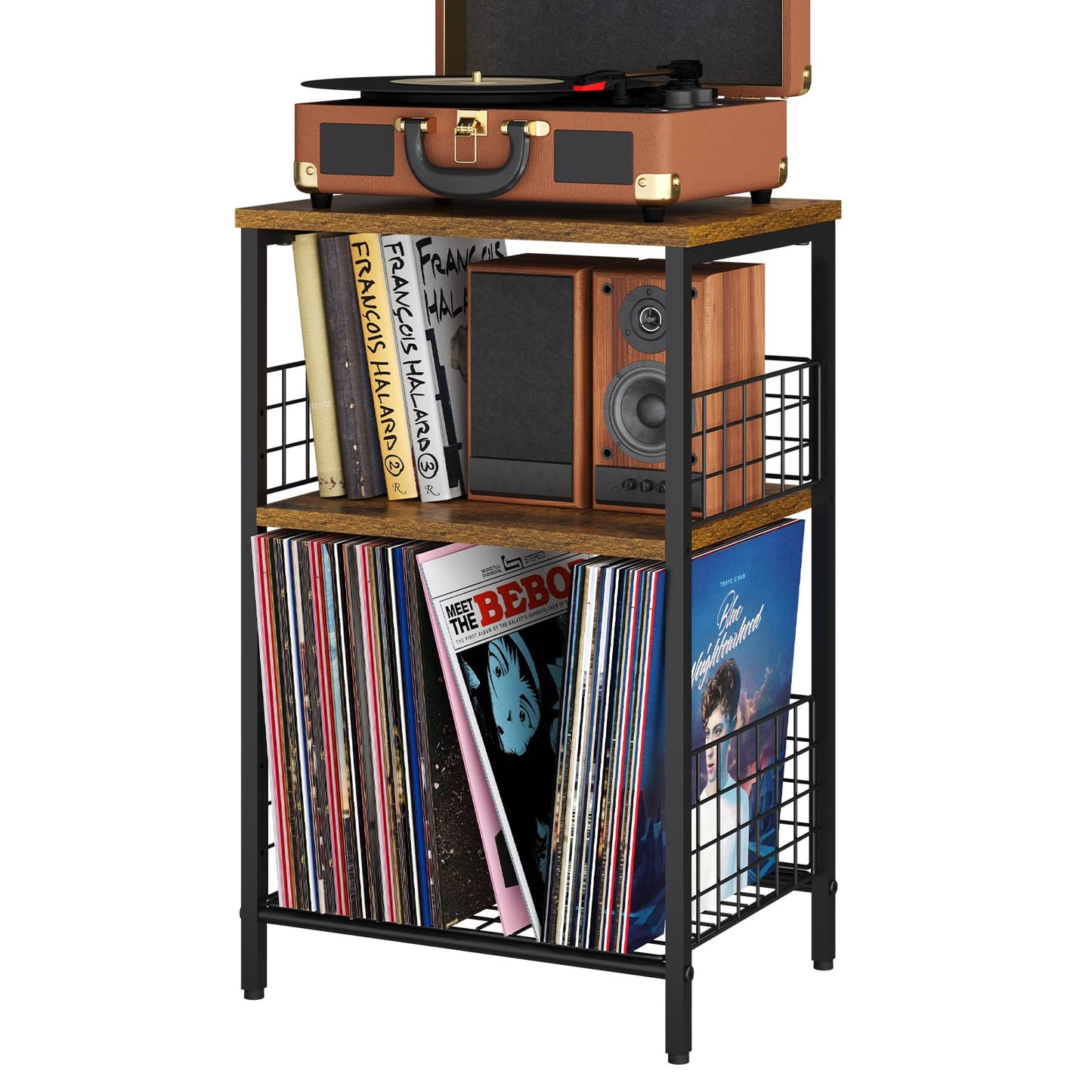 X-cosrack Side Table, Small End Table Record Player Stand with Storage, Vinyl Record Storage Night Stand for Living Room, Bedroom,Office(Patent Pending)(Rustic Brown & Black)