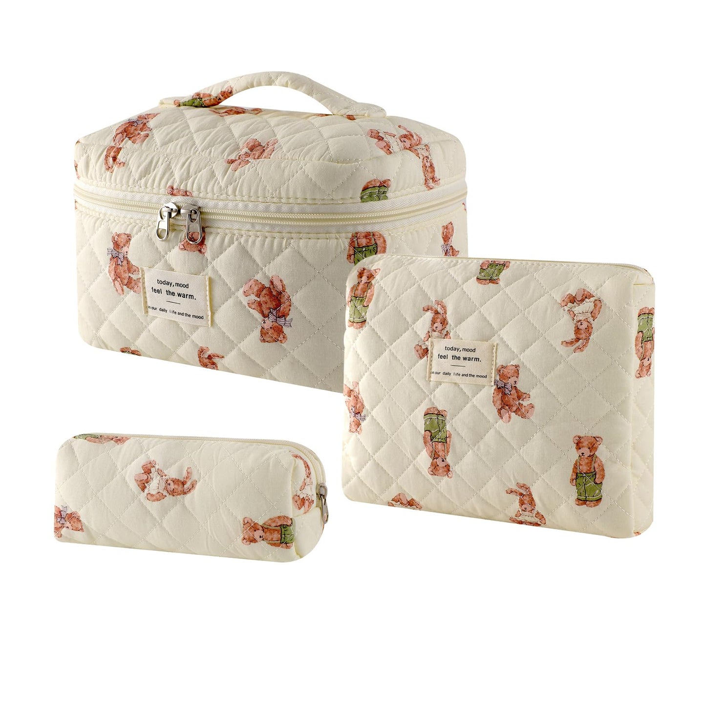 Large Quilted Makeup Bag for Women and Girls, Cute Coquette Floral Cotton Cosmetic Bag, Aesthetic Travel Organized Toiletry Bags (01Pink Bows)