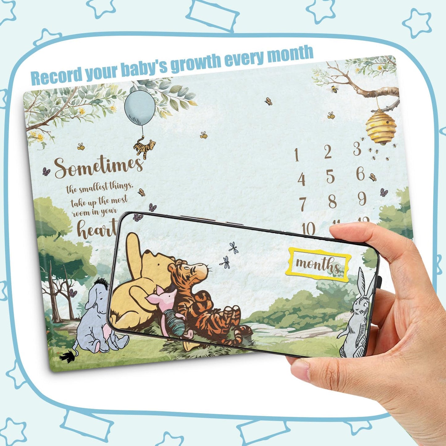 Guawubiang Winnie Milestone Blanket for Baby Boy, The Pooh Babies Monthly Milestone Blanket Gift, Baby Growth Photo Blankets with Photo Tools, Perfect for Baby Shower Birthday Party