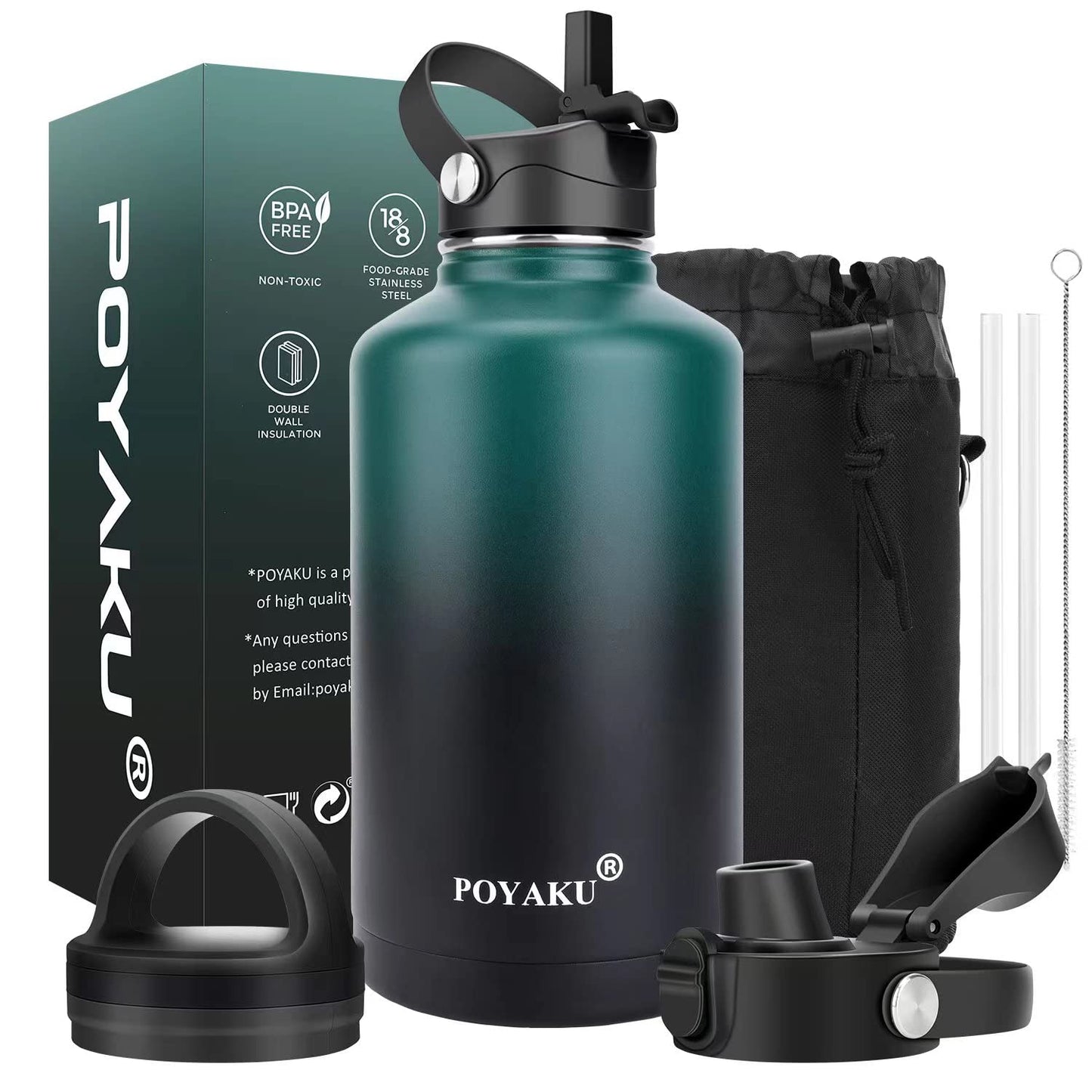 Water Bottle Insulated 32oz 40oz 64oz 128oz Straw Lid Spout Lid & 3 Lids, Leak Proof, Vacuum Insulated,Stainless Steel Water Bottle Wide Mouth for Sports, Gym or Office