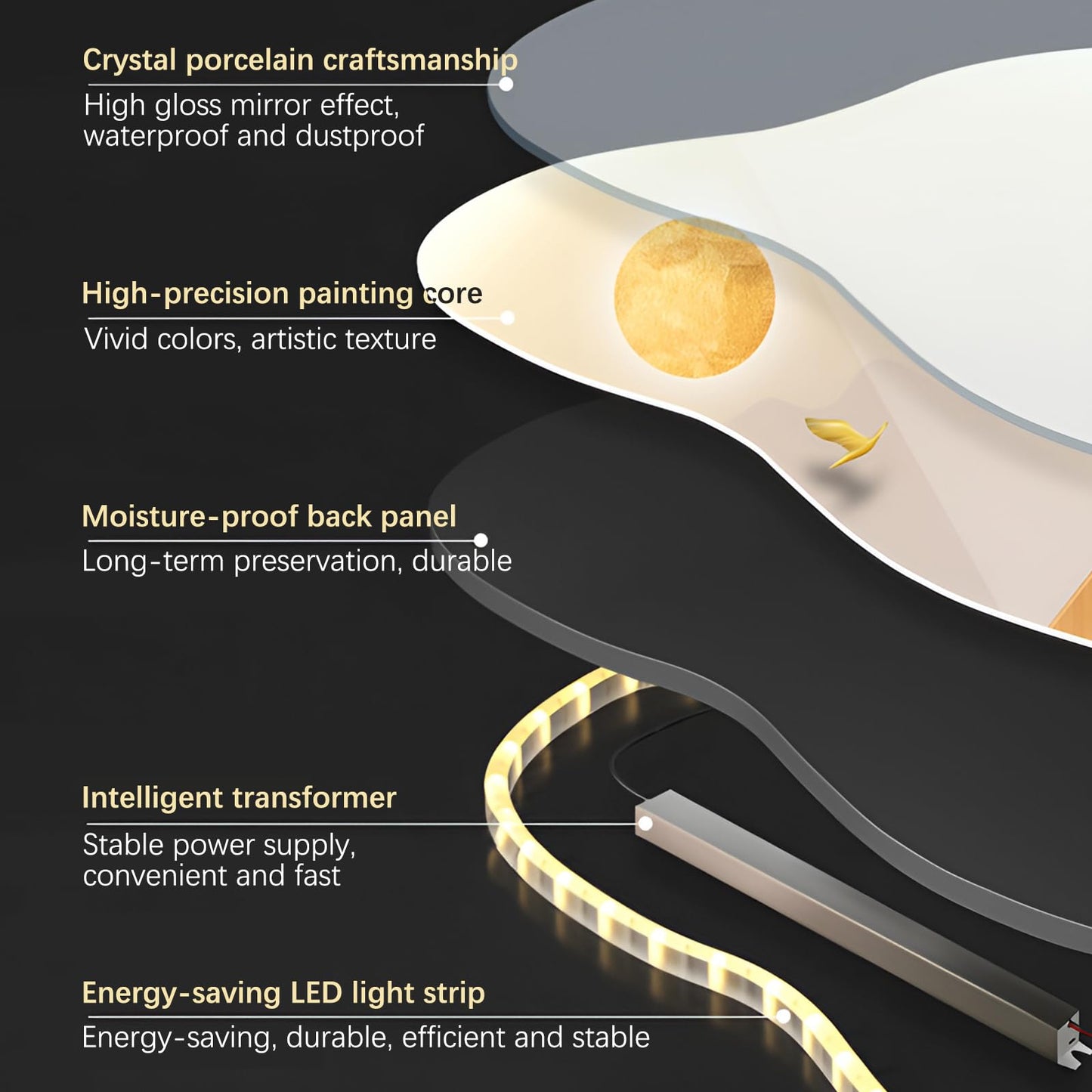 XQDYSG LED Light Decor Wall Art, 3D Art Wall Decor with Light, Decors Walls Sculptures Large 3D Art, Decors Walls Sculptures Lighting Modern, Plug-in Power Supply, Gold F, 23x53IN