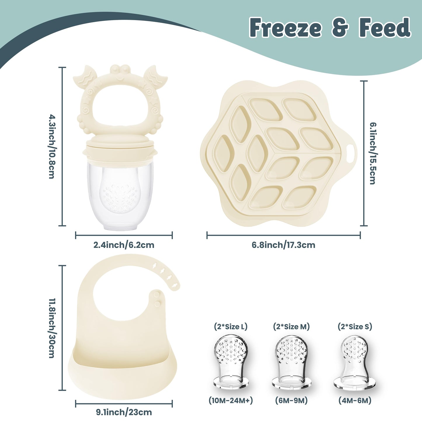 Baby Fruit Food Feeder, Bib, and Breastmilk Popsicle Molds for Teething Relief - 3 Pack Set with Multi-Portion Freezer Tray & Lid, Adjustable Spill-Resistant Bib, and 3 Pacifier Sizes (Beige)
