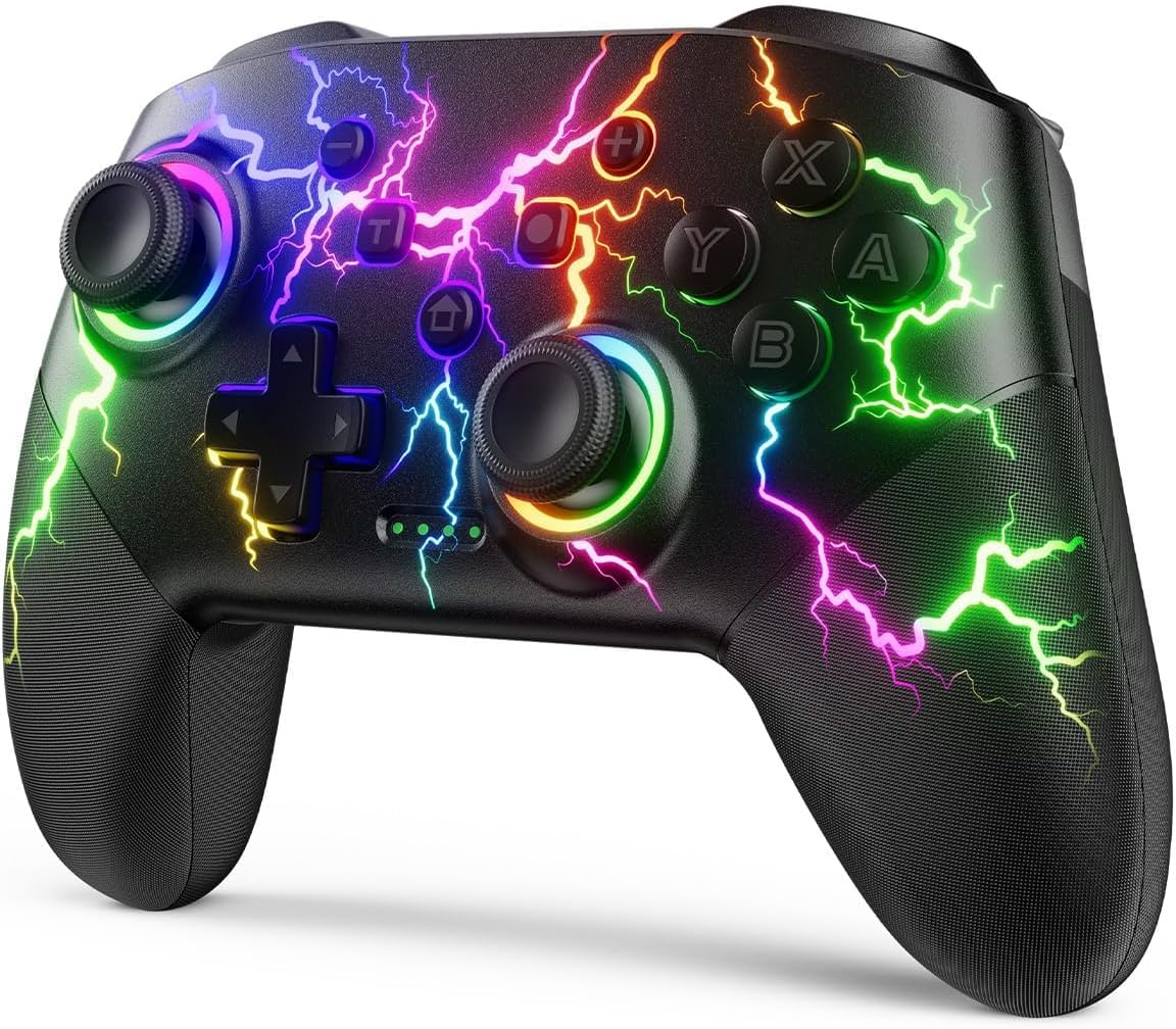 VOYEE Switch Controllers Compatible with Switch/Lite/OLED/PC Windows, 1000mAh Programmable RGB Lightning LED, Wireless Pro Controller with One Key Pairing/Wake Up/Turbo/Vibration