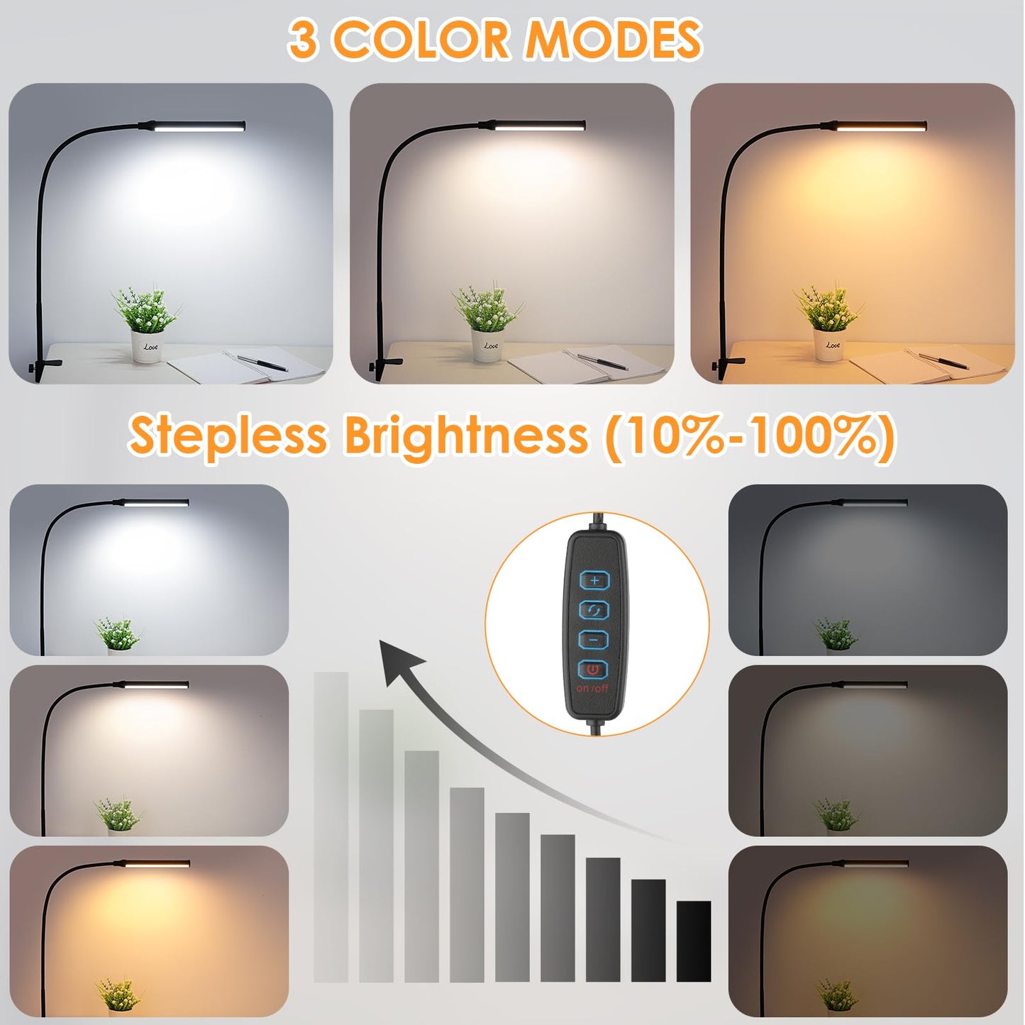 ShineTech LED Desk lamp with Clamp, Eye-Caring Clip Lights for Home Office, 3 Colors Full Brightness, Flexible Gooseneck USB Adapter Table Lamp, Black