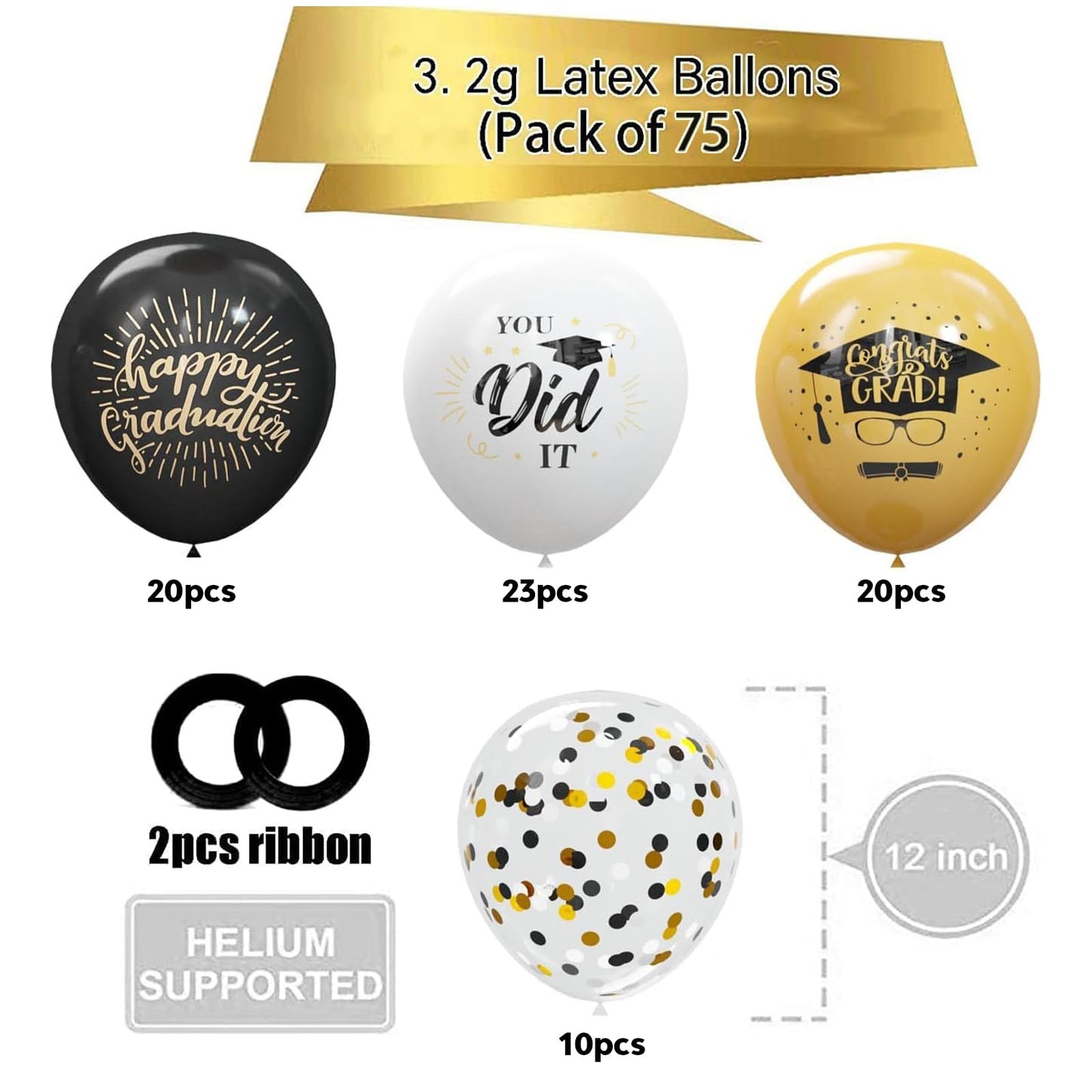 75 Pack Graduation Party Decorations Balloons Set - 12 Inch Black Gold Balloons with Balloon Ribbons for Graduation Party Decoration Supplies