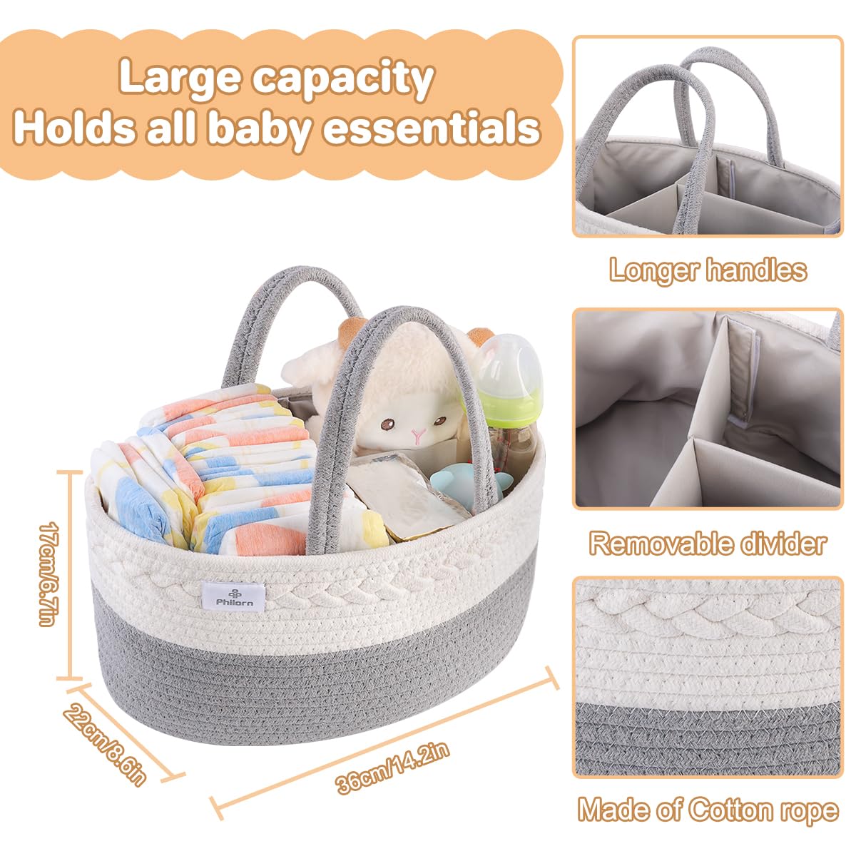 PHILORN Diaper Caddy Organizer, Cotton Rope Diaper Caddy Basket, Woven Diaper Caddy with Dividers, Nursery Storage Basket for Changing Table, Car Diaper Caddy, Baby Shower Gifts