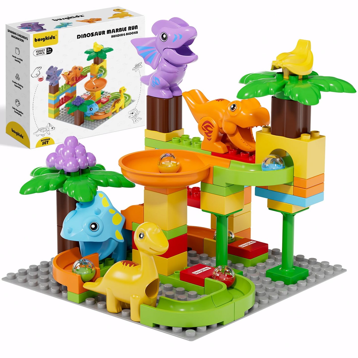 Kids Marble Run Building Block Dinosaur, Montessori Learning Resources STEM Toy Bricks Maze Puzzle Set Race Track Compatible with Major Brands for Age 3 4 5 6 7 8+ Boys Girls Birthdays