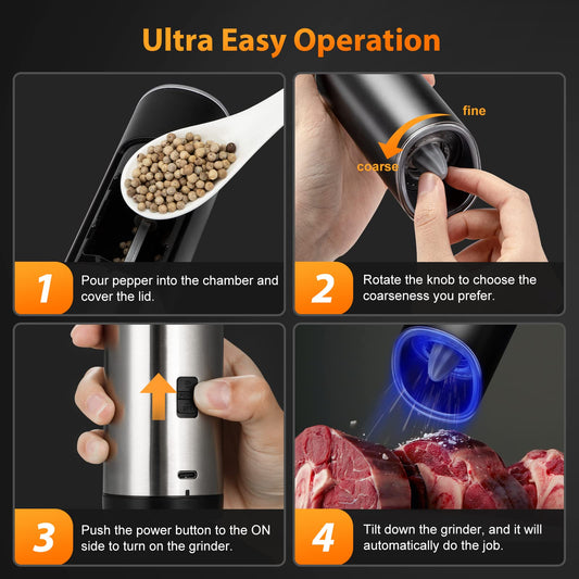 Kochnors USB Rechargeable Pepper Grinder, Gravity Electric Pepper Grinder with 6 Level Adjustable Coarseness, One Handed Operated Salt and Pepper Grinder for Kitchen, Restaurant and BBQ