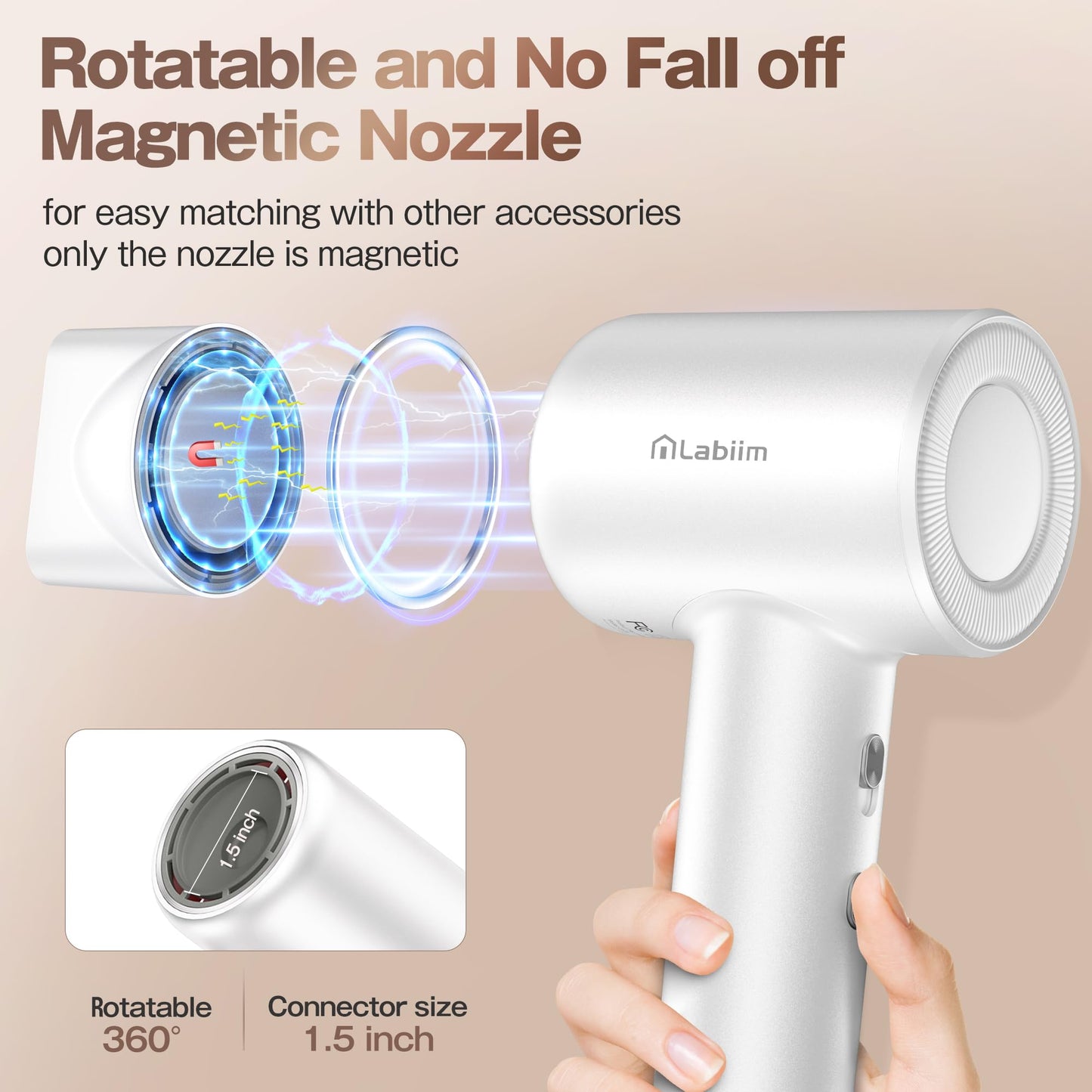 Labiim Hair Dryer, High-Speed Ionic Low Noise Blow Dryer with Brushless Motor for Fast Drying, Thermo-Control Quiet Compact Hair Blow Dryer, Hairdryer with 1 Nozzle Attachments for Home Salon Travel