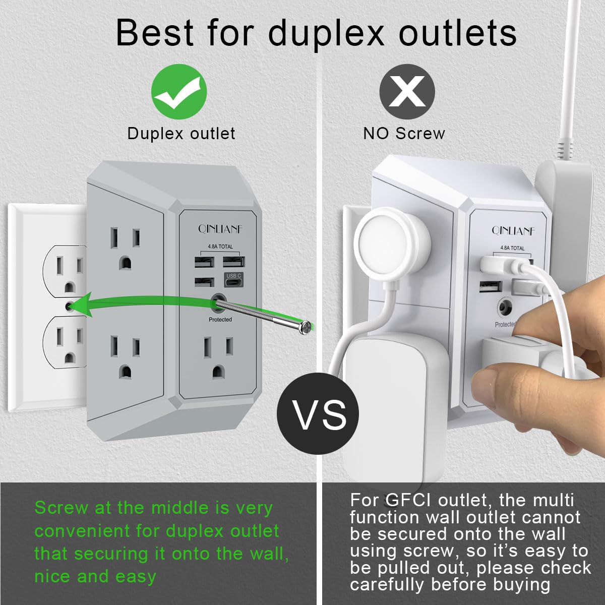 USB Wall Charger, Surge Protector, QINLIANF 5 Outlet Extender with 4 USB Charging Ports (4.8A Total) 3-Sided 1680J Power Strip Multi Plug Outlets Wall Adapter Spaced for Home Travel Office(3U1C),Grey