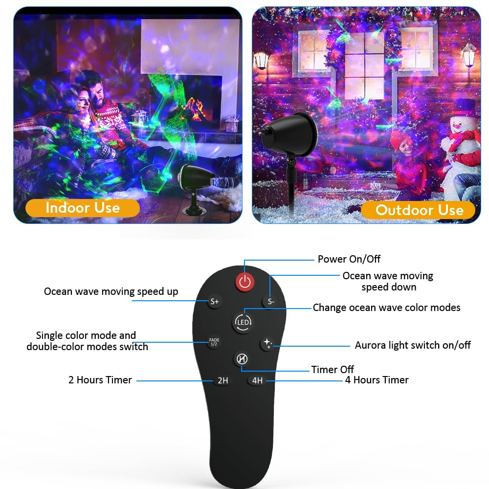 Christmas Lights Projector Outdoor,Holiday Lights Projector,Water Wave Aurora Holiday Spotlight with Remote,Waterproof LED Landscape Light for Wedding Garden Landscape Wall Tree Decoration