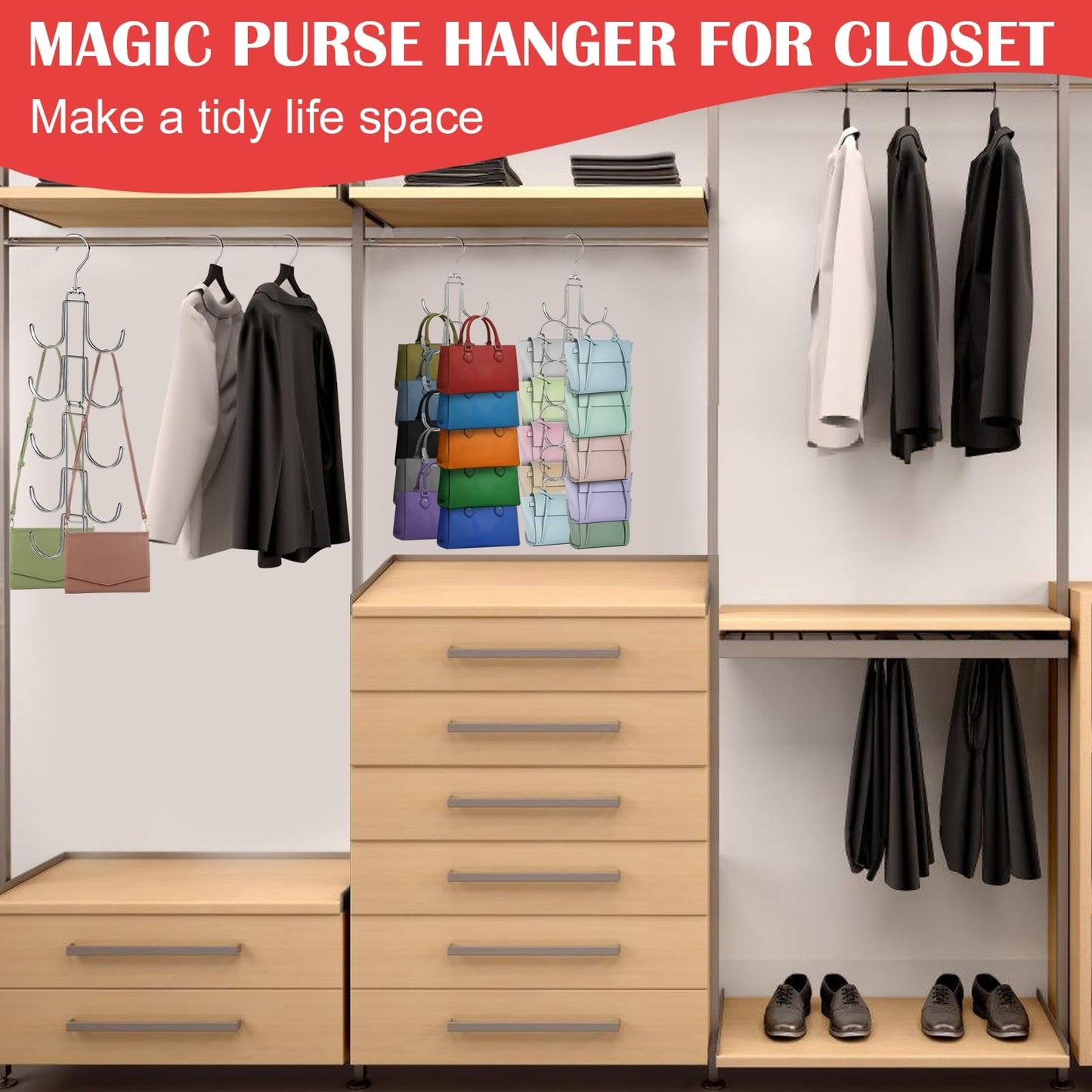 Purse Hanger for Closet, Collapsible Metal Purse Organizer with 20 Big Hooks(2 Pack), 360° Rotation for Better Organizer&Display, Foldable Bag Hangers Space Saving for Handbag, Belt, Scarve, Tie