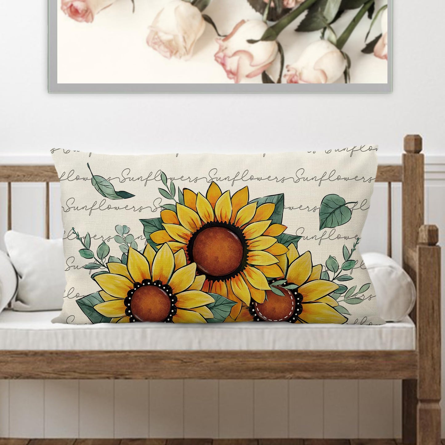 Fjfz Spring Summer Sunflower Lumbar Decorative Throw Pillow Cover 12 x 20, Rectangular Floral Flower Eucalyptus Leaves Outdoor Home Decor, Fall Autumn Seasonal Couch Cushion Case