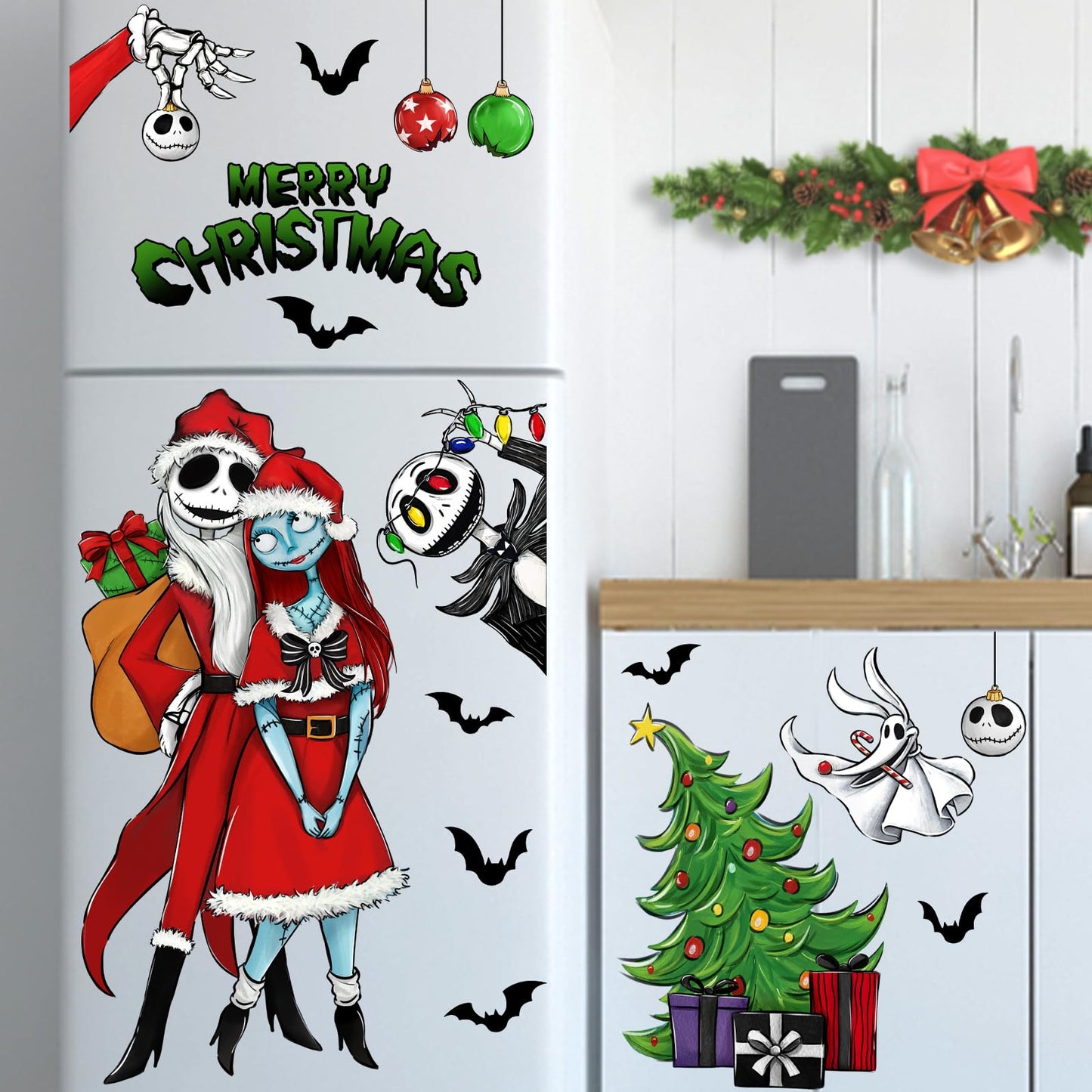 Mfault 121 PCS Merry Christmas Nigh.tmare BEF.ore Christmas Window Clings 9 Sheets, Jack Sally Xmas Tree Skull Stickers Decal Decoration, 2025 New Year Home Kitchen Winter Holiday Decor