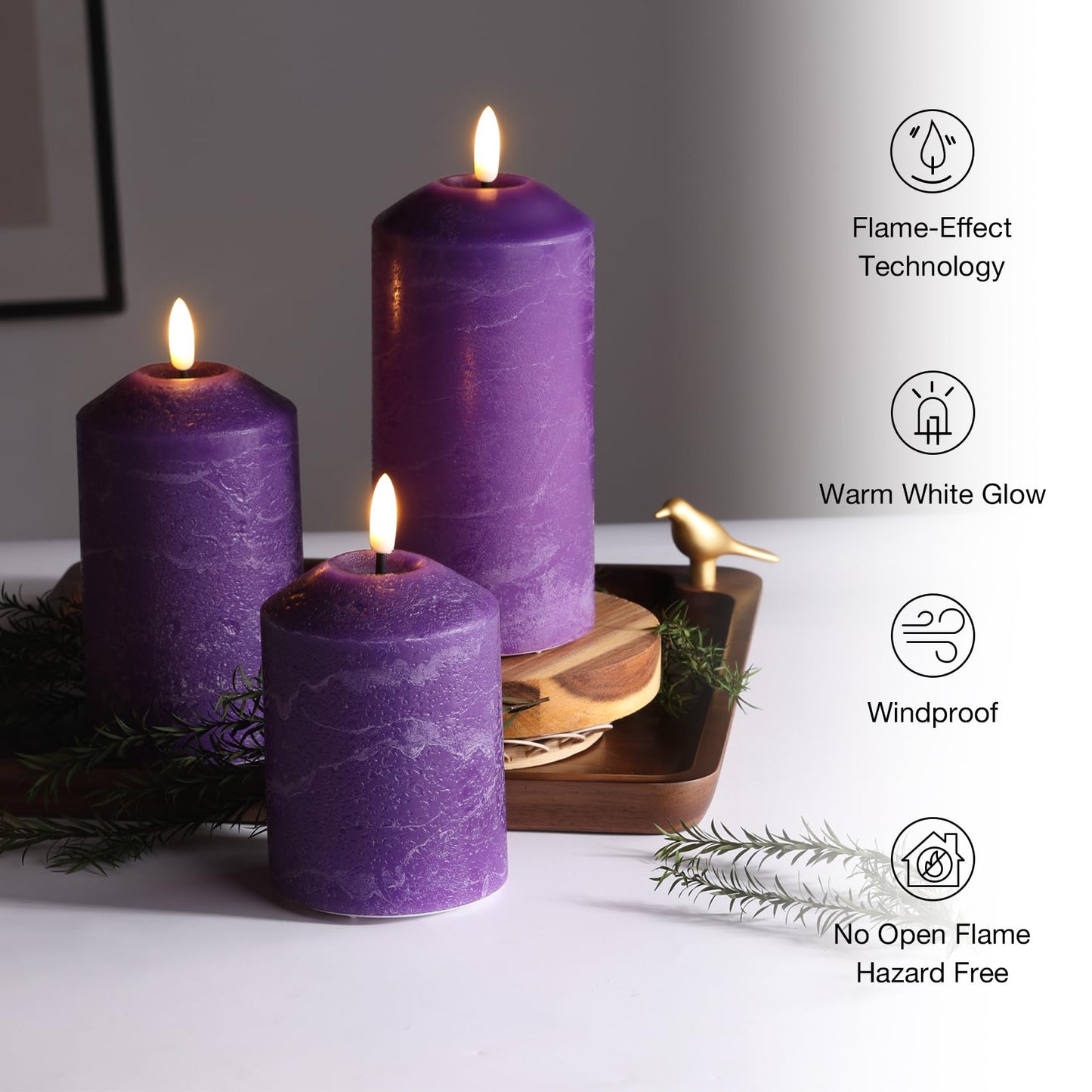 Eywamage Purple Flameless Pillar Candles with Remote, Real Wax Flickering Battery Operated LED Candles Set of 3