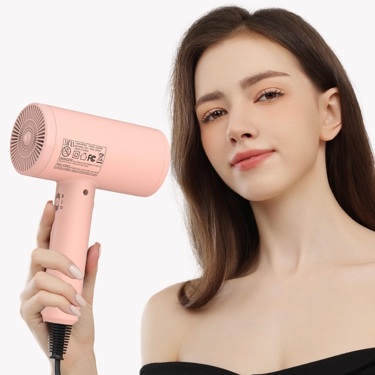 AINA Professional Salon Hair Dryer,2000W Blow Dryer with Diffuser Brush Comb for Women-BLDC Hair Dryer-Brushless Motor 150,000 RPM,Ionic,LED Display,4 Magnetic Attachments 110V/ALCI (Baby Pink)