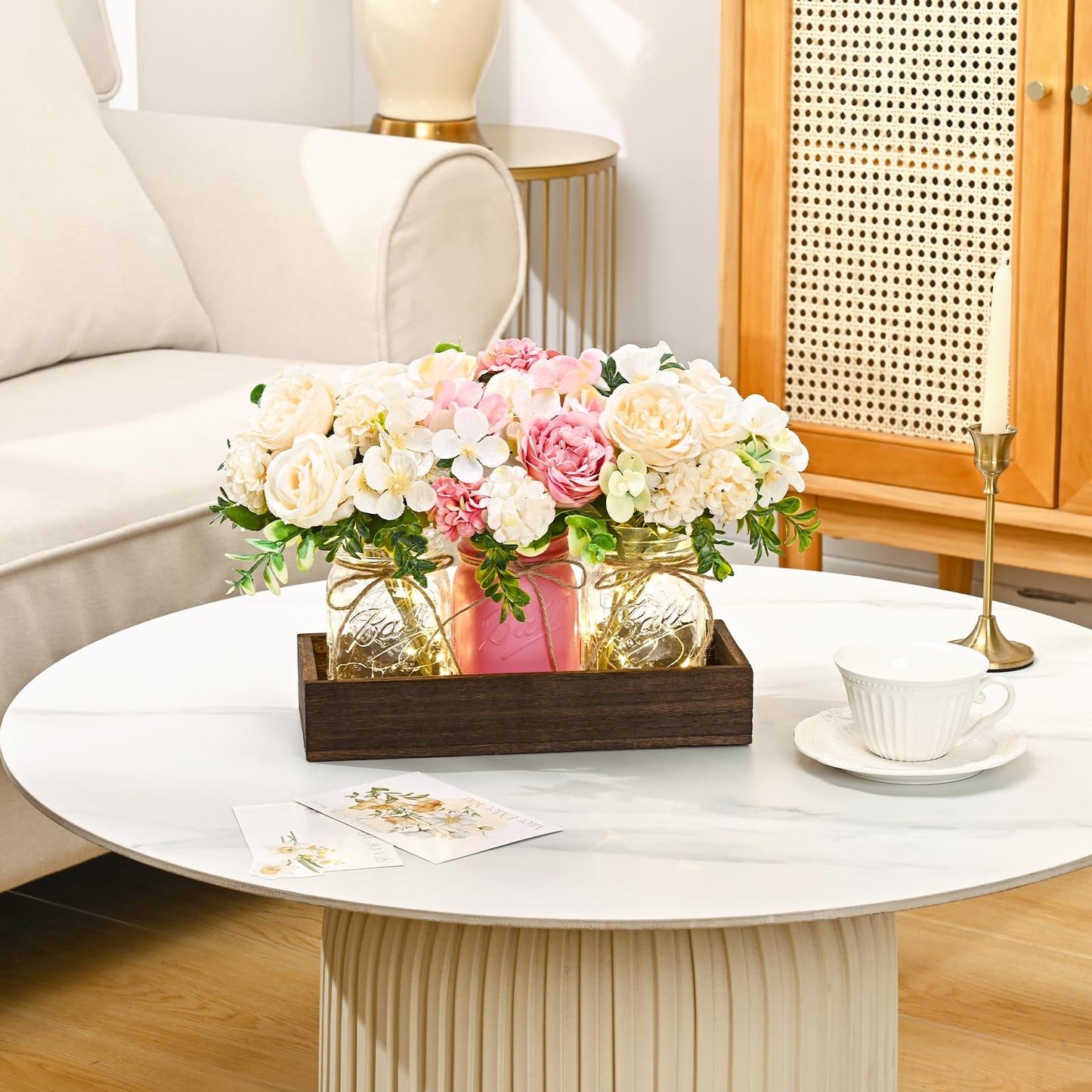 BLEUM CADE Centerpiece Table Decorations - 3Pcs Roses Artificial Flowers in Mason Jars with Wood Tray for Dining Table Coffee Table Farmhouse Home Decor