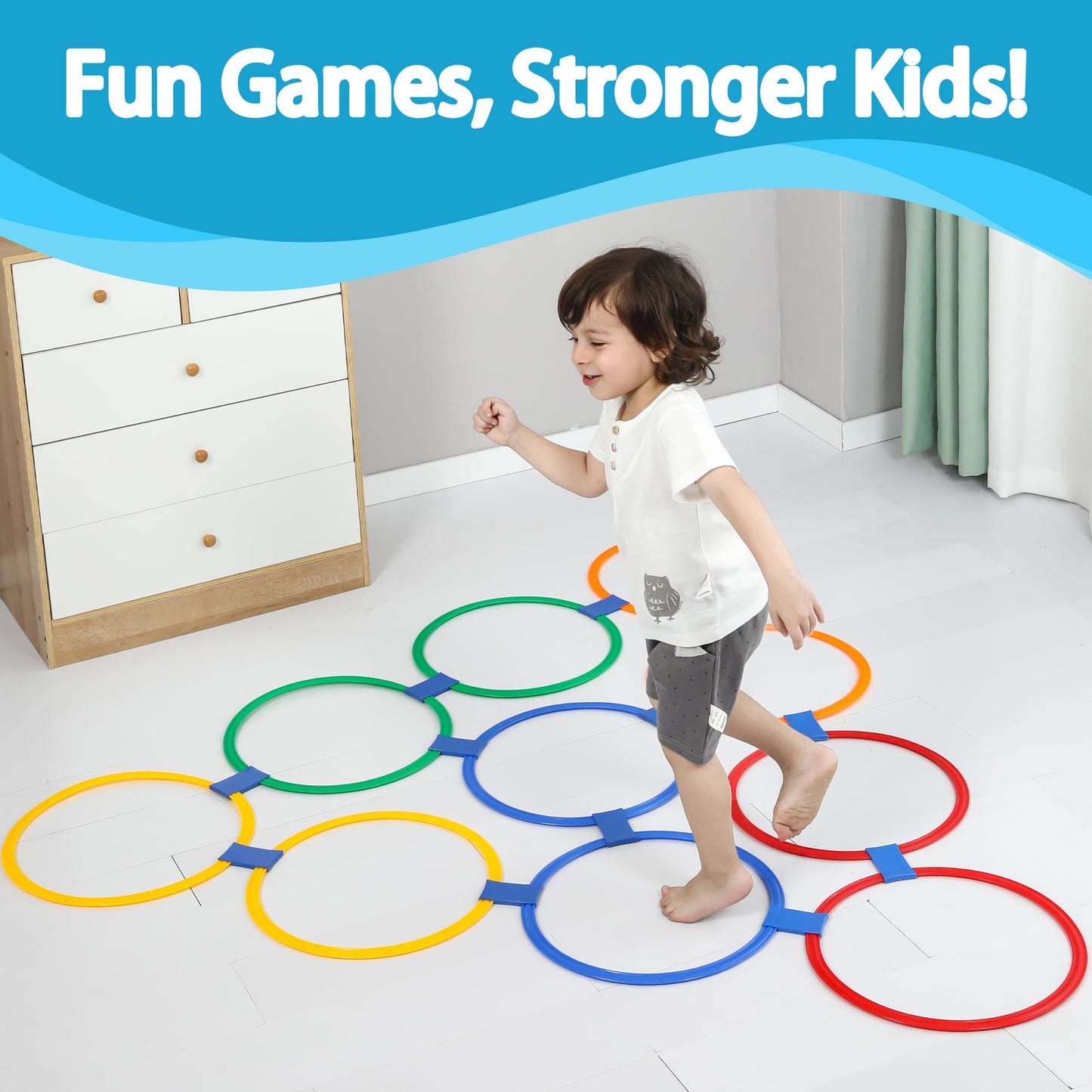 Oranmew 2 Sets Hopscotch Rings, 20 Plastic Round Hoops with 30 Connectors for Toddlers Gross Motor Skills, 11 Inch Indoor/Outdoor Agility Rings for Kids Playground Obstacle Course