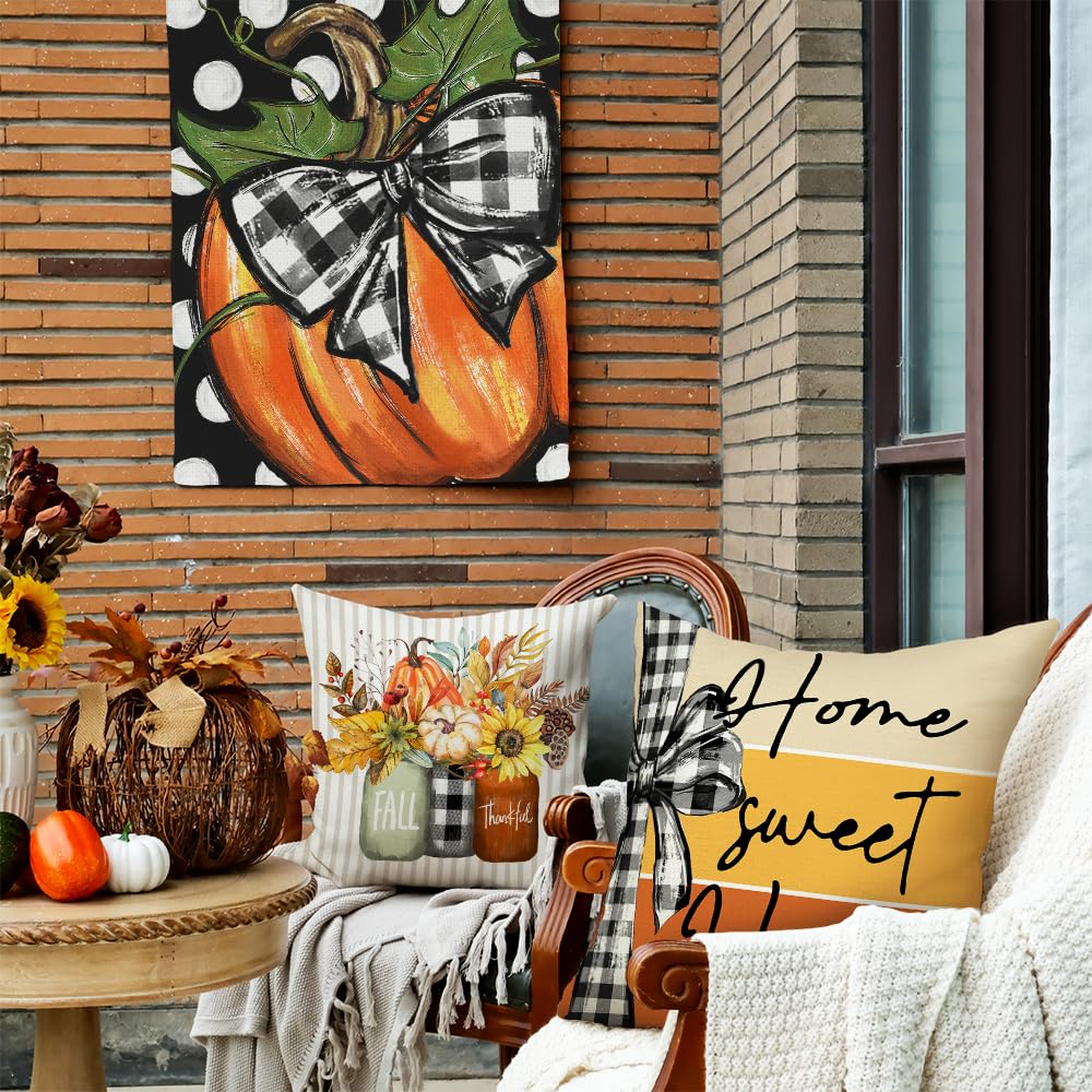 GEEORY Fall Pillow Covers 18x18 Inch Set of 4, Pumpkins Mason Jars Home Sweet Home Striped Seasonal Decorative Throw Pillows Farmhouse Autumn Thanksgiving Decorations for Home Decor (Orange)