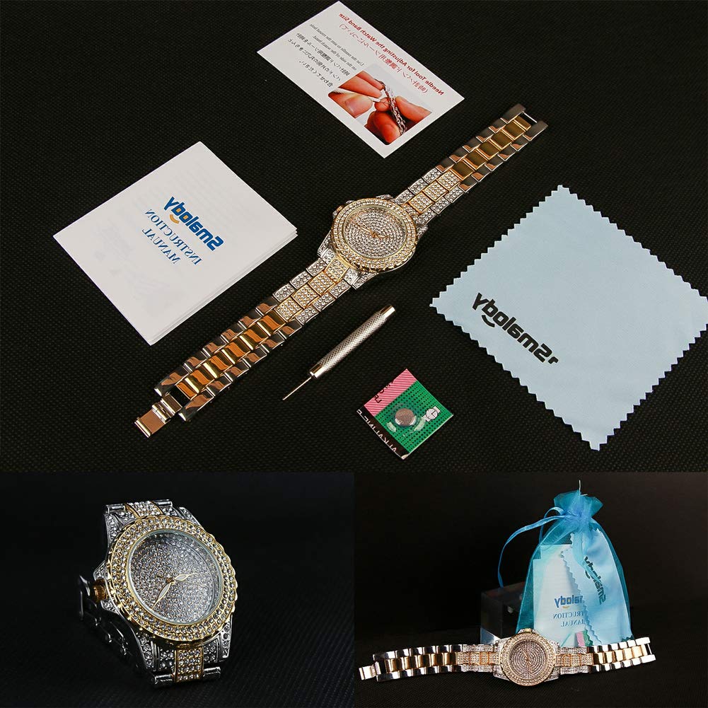 Smalody Round Luxury Women Watch Crystal Rhinestone Diamond Watches Stainless Steel Wristwatch Iced Out Watch with Japan Quartz Movement for Women | Simulated Lab Diamonds (Mix Gold)