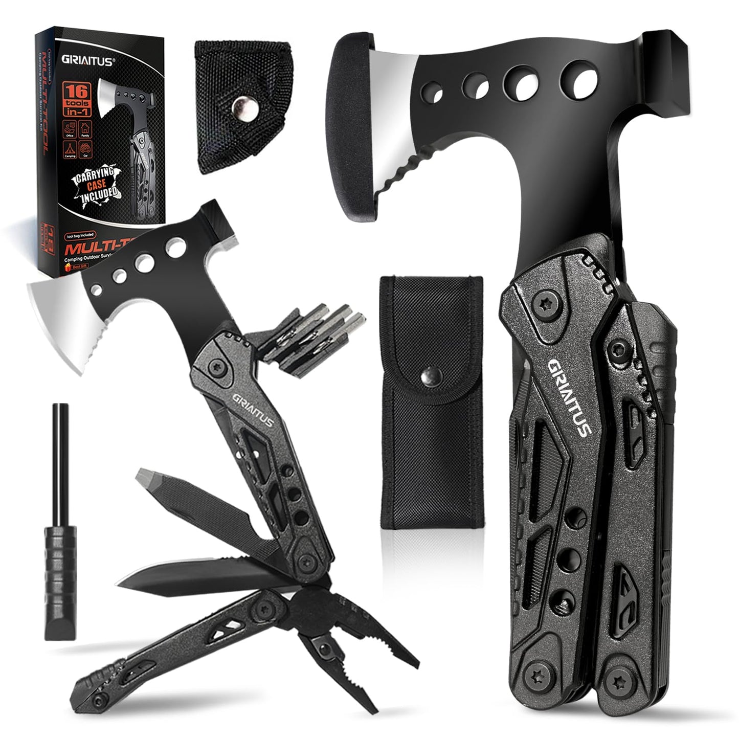 Camping Multitool Accessories Gifts for Men Dad 16 in 1 Upgraded Multi Tool Survival Gear with Axe Hammer Pliers Saw Screwdrivers Bottle Opener Whistle & Portable Sheath For Hiking,Fishing