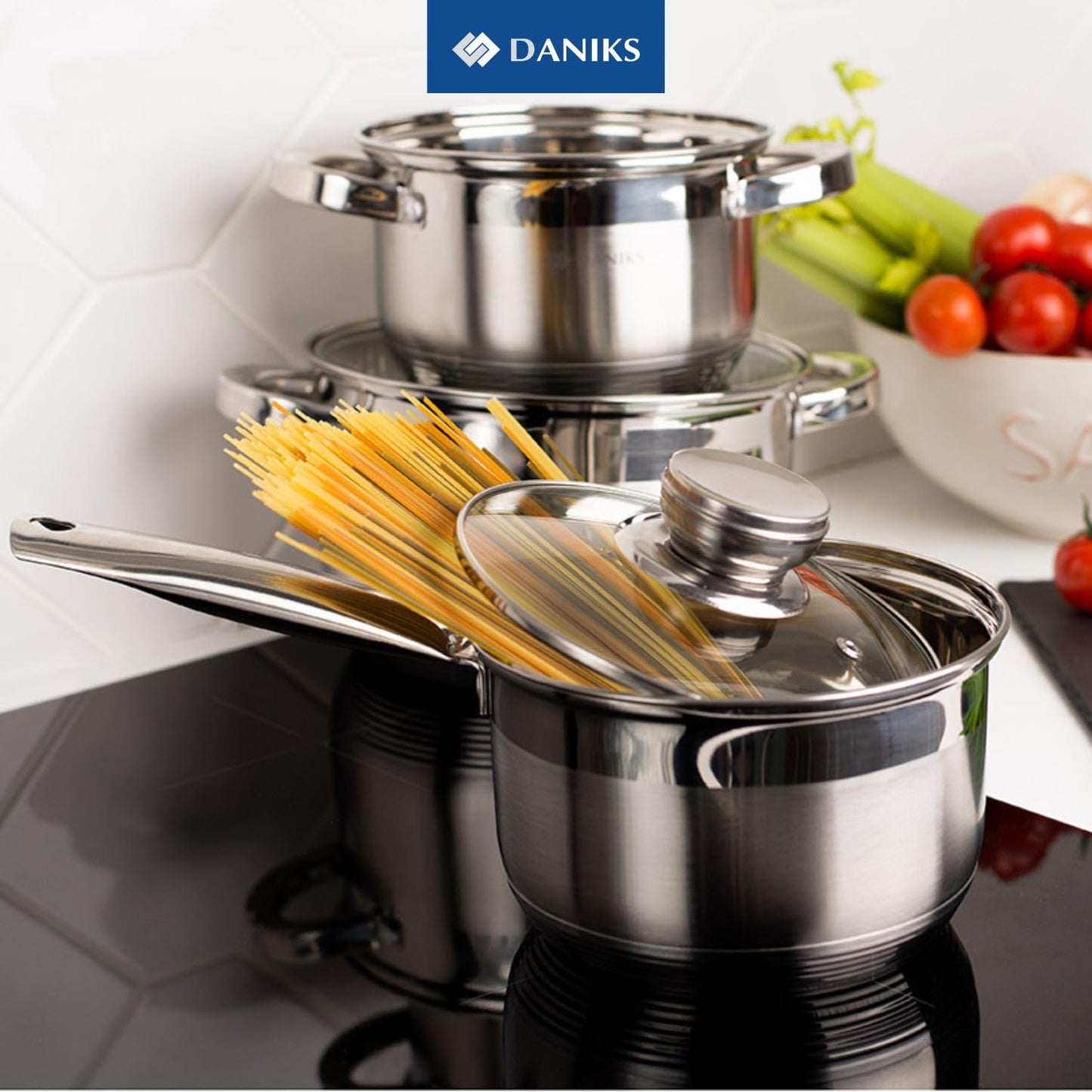 Daniks Standard 6-Piece Stainless Steel Induction Cookware Set, Dishwasher Safe Pots, Measuring Scale, Glass Lids, For Soup, Pasta, Stew, Silver
