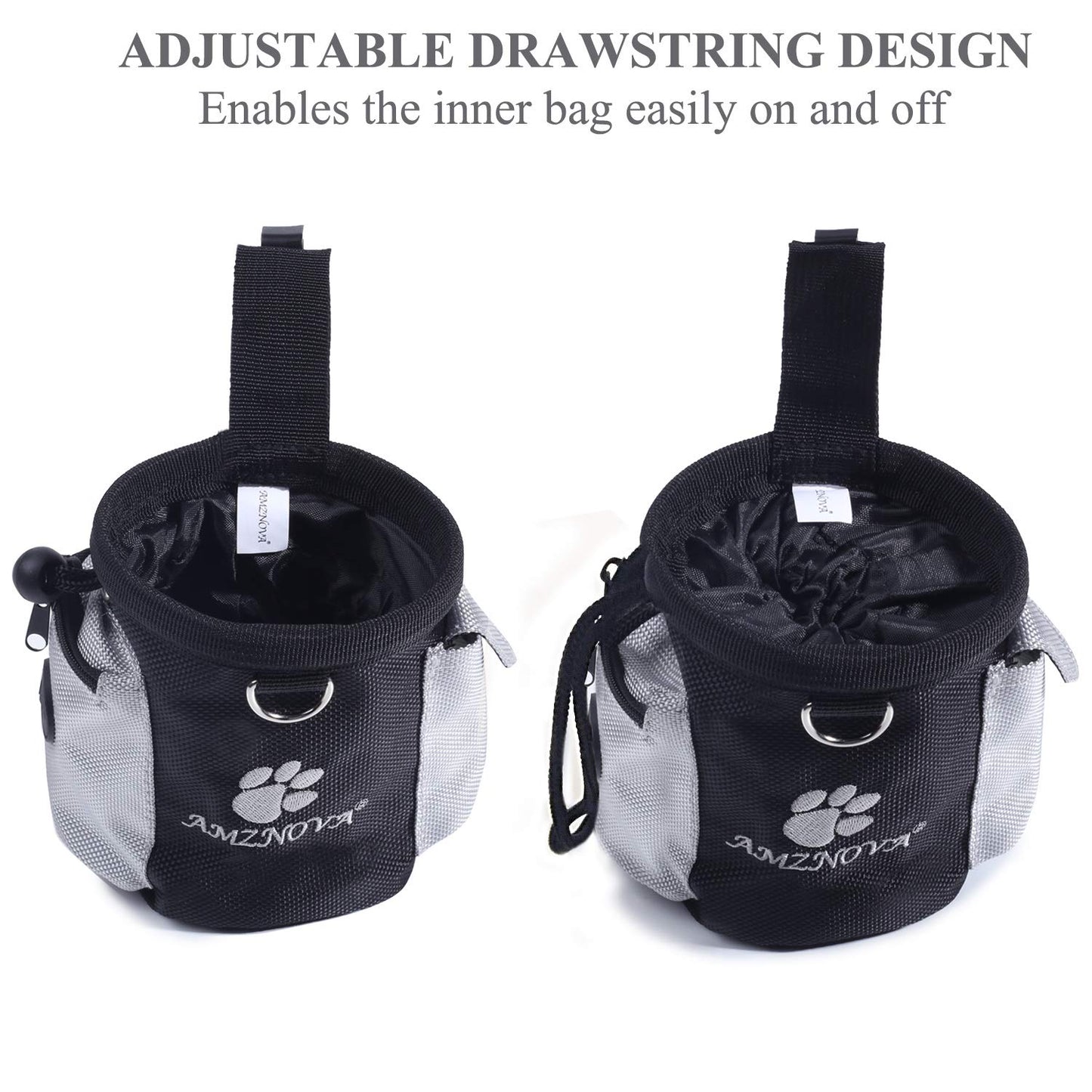 AMZNOVA Dog Treat Bag, Puppy Training Pouch, 3 Cups Animal Walking Snack Container Best Hiking Toys Pack Dispenser Carries with Waistband, Black