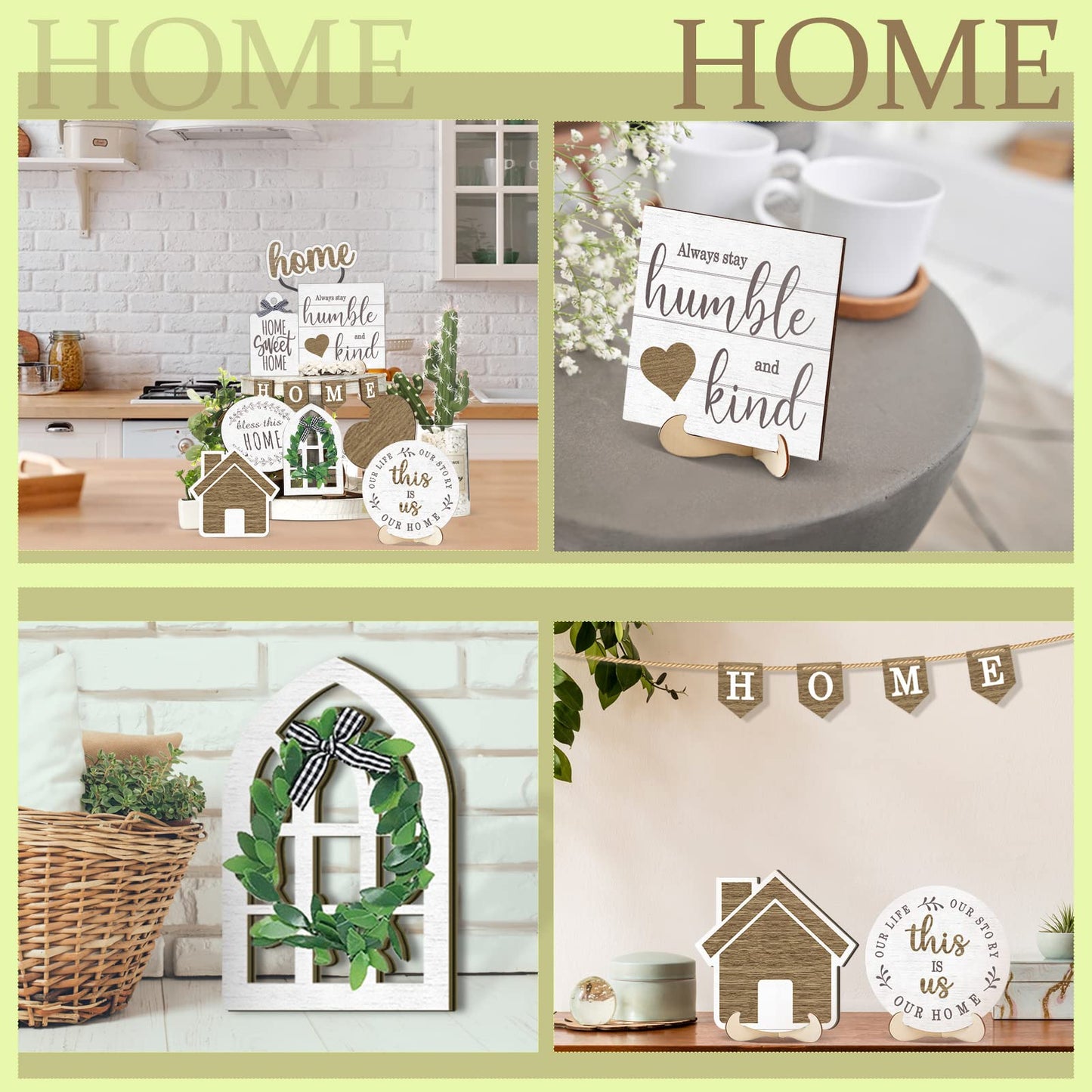 Maitys 10 Pcs Summer Beach Tiered Tray Decoration Set Farmhouse Rustic Decor Wood Sign Rustic Table Ornaments for Kitchen Table Housewarming Gift (Home Style)