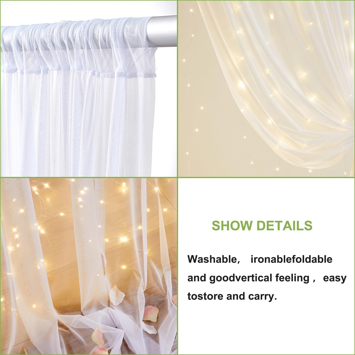 White Sheer Curtains with Lights String Tulle Curtain for Living Room Bedroom Parites Wedding Birthday Decorations 2 Panels 60" Wｘ84 L