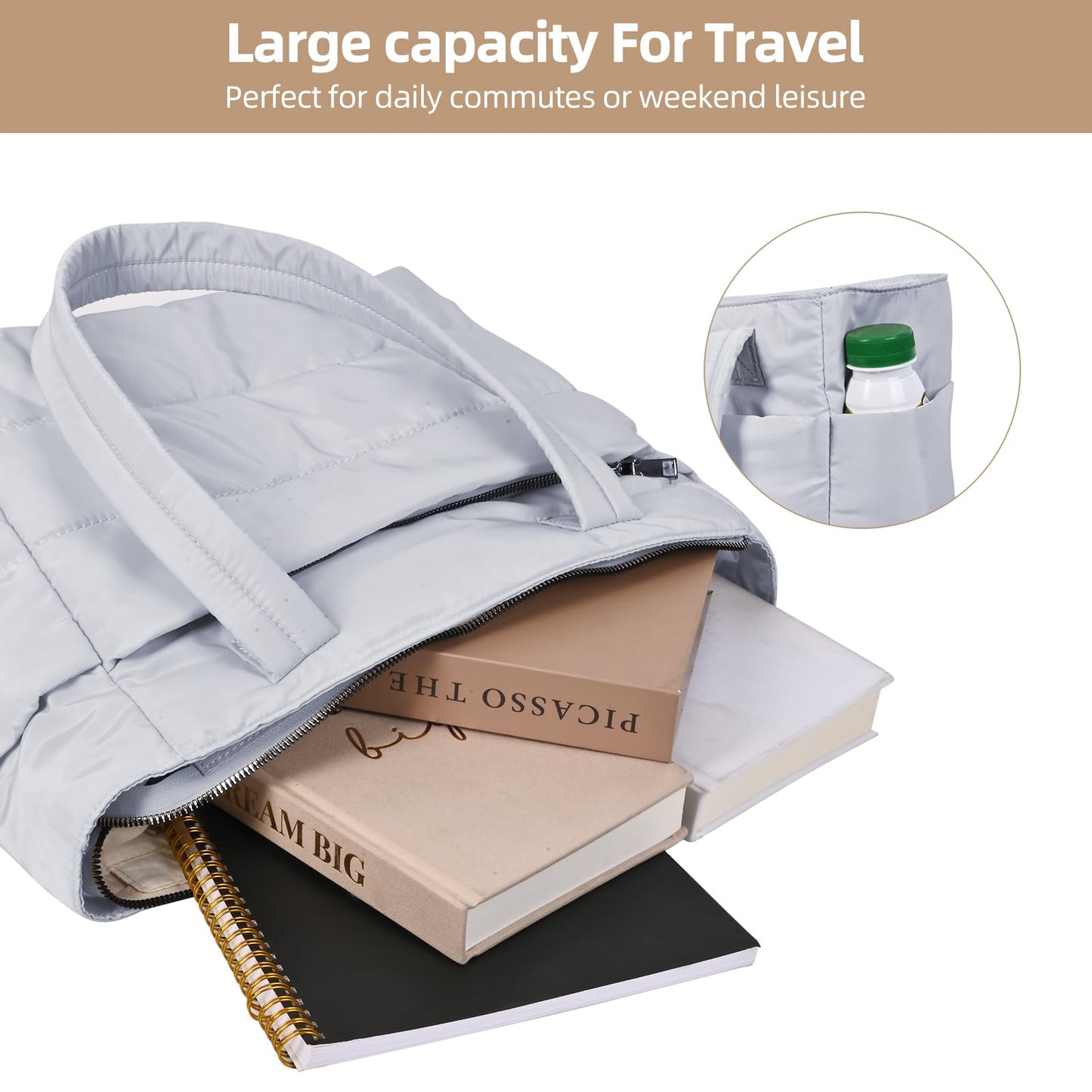 keppesring Tote Bag for Women,single shoulder handbag,with partition and zipper ladies handbag，suitable for travel,work Sport(Light Grey)