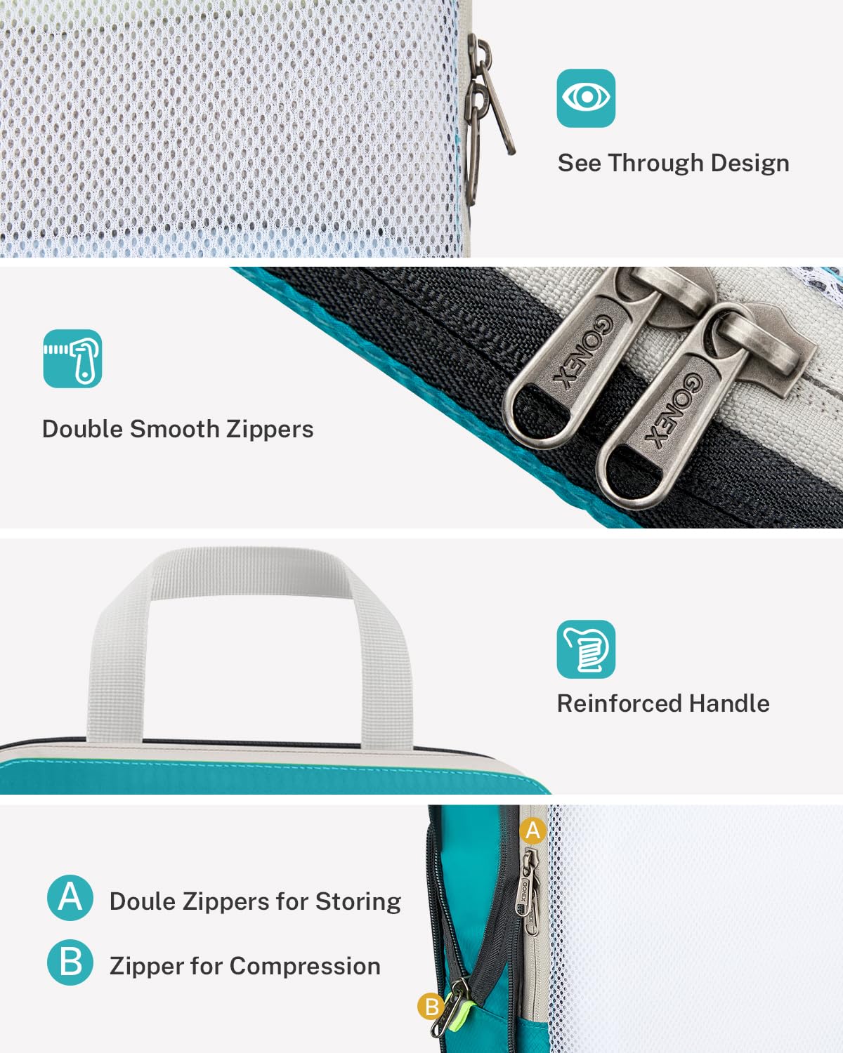 Gonex Compression Packing Cubes Mesh Organizers 1L+2M+2S+Laundry Bag Blue