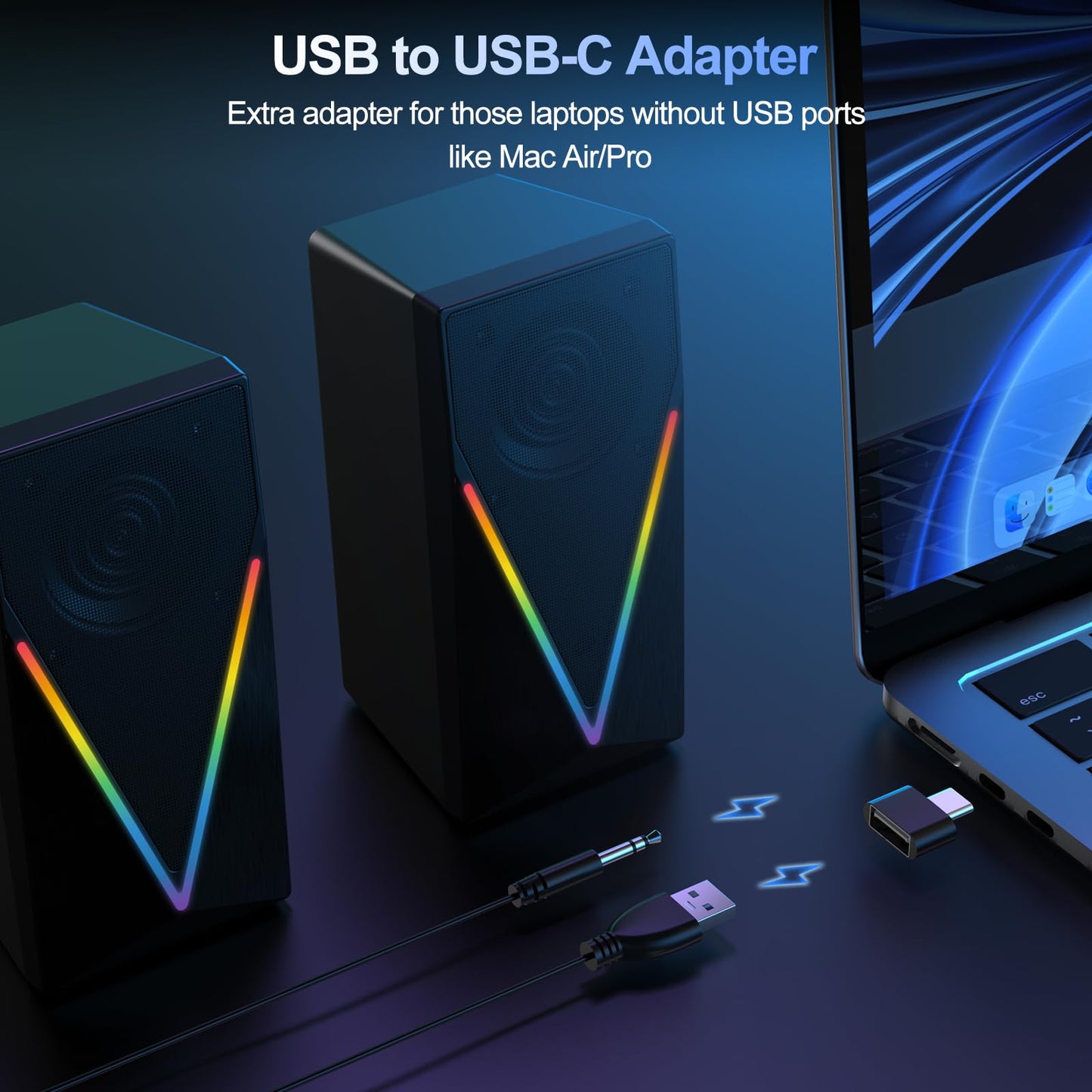 RGB Desktop Speakers with Enhanced Bass, Volume Control & 6 Colorful Lights - USB Powered & 3.5mm Aux Gaming Speakers for Laptop, PC, Tablet, Phone