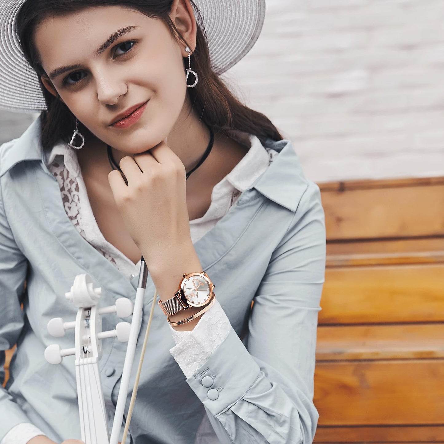 OLEVS Rose Gold Watches for Women White Face Stainless Steel Mesh Bracelet Womens Diamond Watch for Small Wrists Cute Waterproof Analog Quartz Womens Wristwatch Luminous Reloj para Mujer