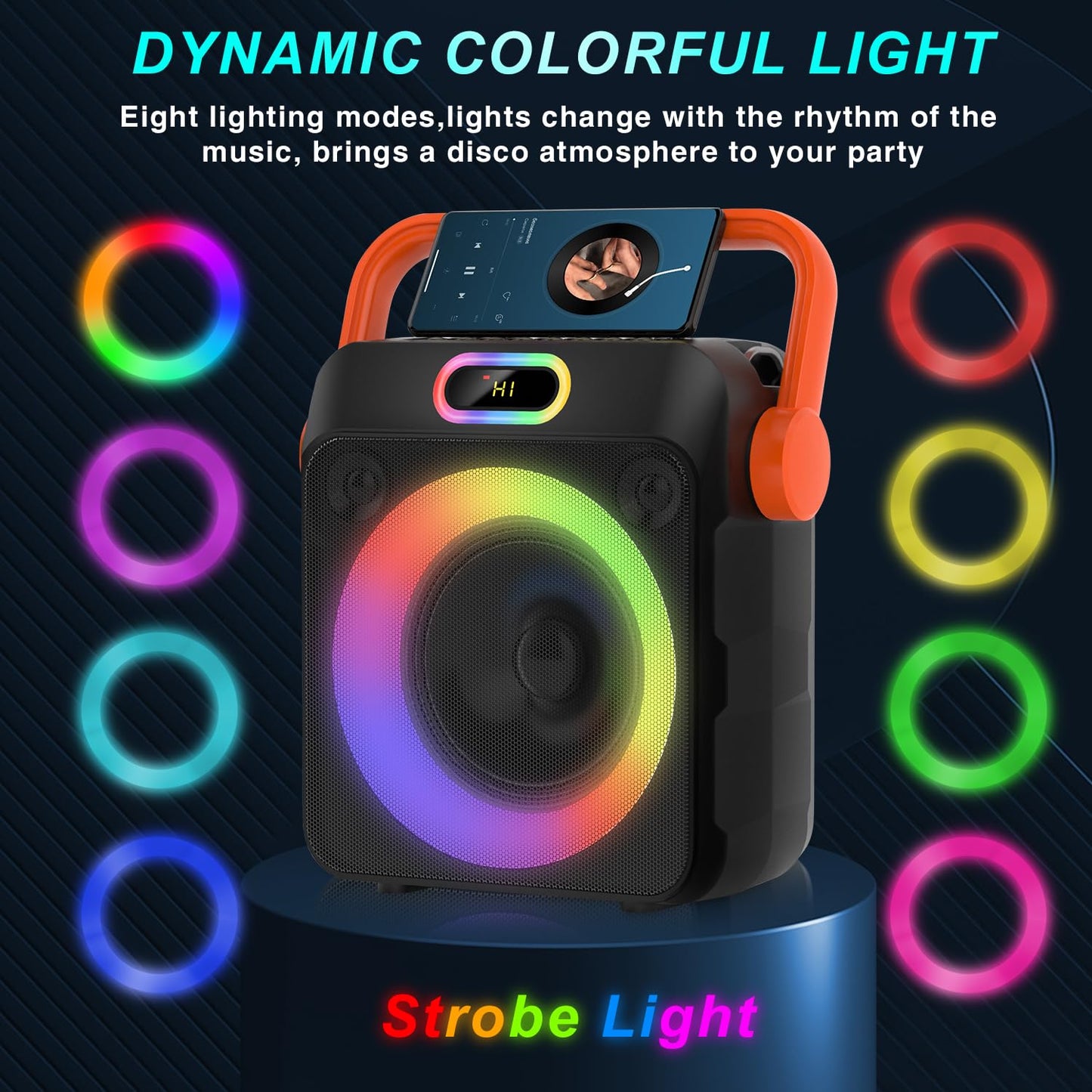 DFTRT Karaoke Machine with Two Wireless Microphones, Portable Karaoke Machine for Adults & Kids, Bluetooth Speaker with Bass/Treble Adjustment, PA System, LED Lights, Supports TF/USB, AUX in, FM, TWS