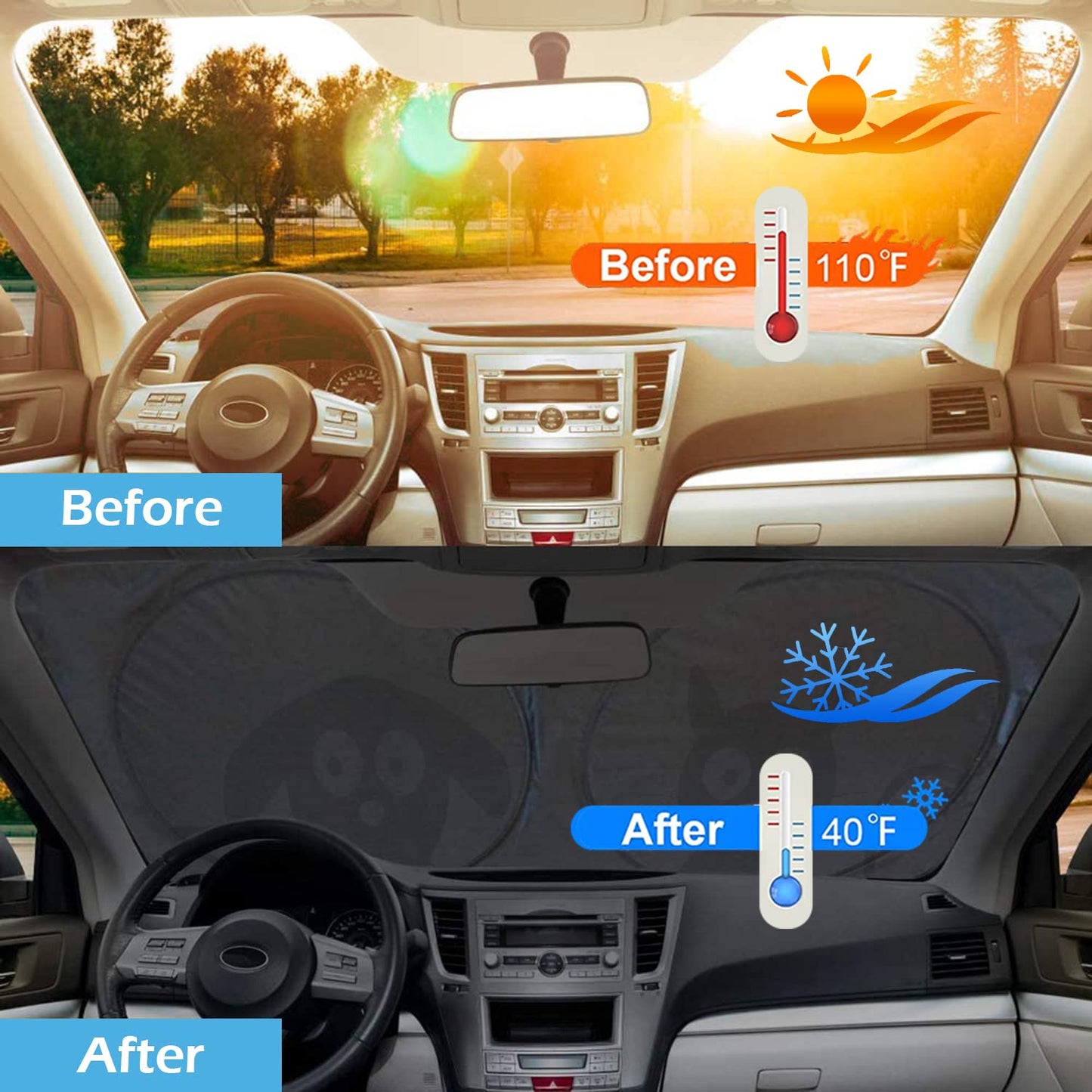 Car Windshield Sunshade with Pet Design, Cute Dog & Cat Cartoon Front Windshield Sun Shade Foldable Sunshade Blocks Heat UV Rays, Protect Interior Keep Cool, Fits Cars SUV Truck - Medium